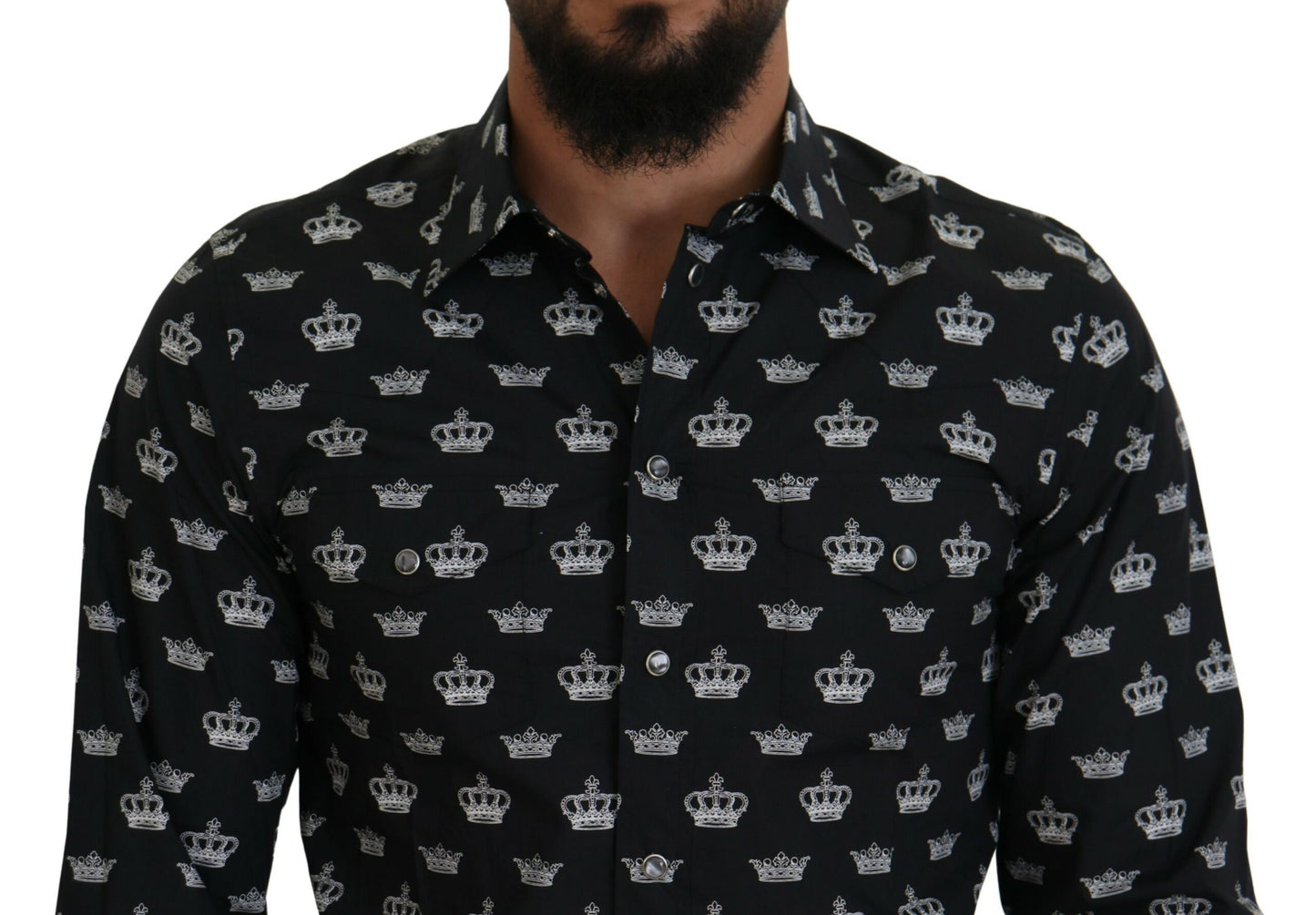 Schwarzes, schmales Hemd mit Kronen-Print in Gold