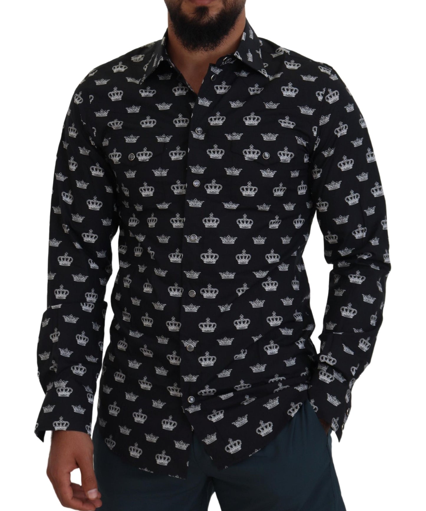 Schwarzes, schmales Hemd mit Kronen-Print in Gold
