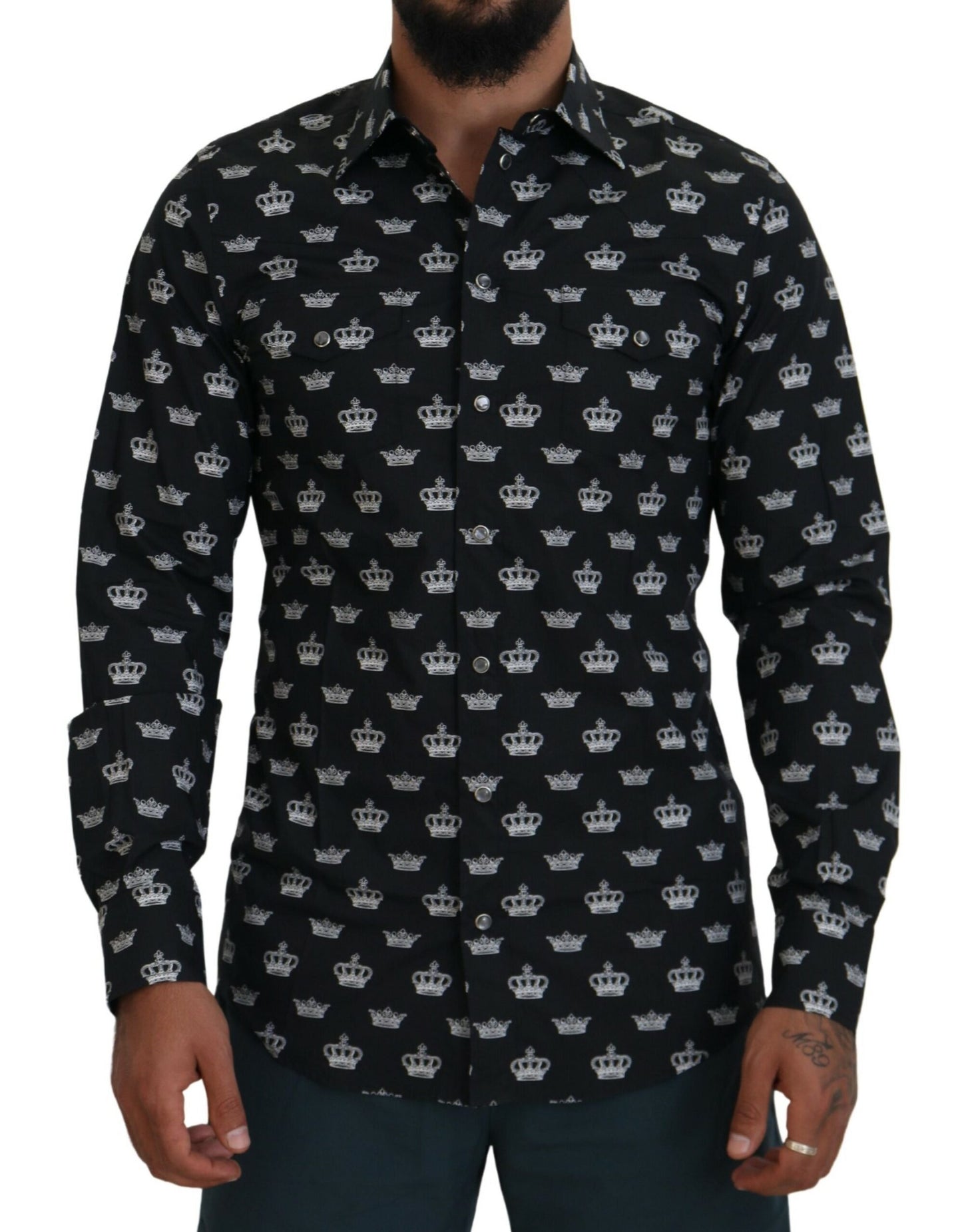 Schwarzes, schmales Hemd mit Kronen-Print in Gold