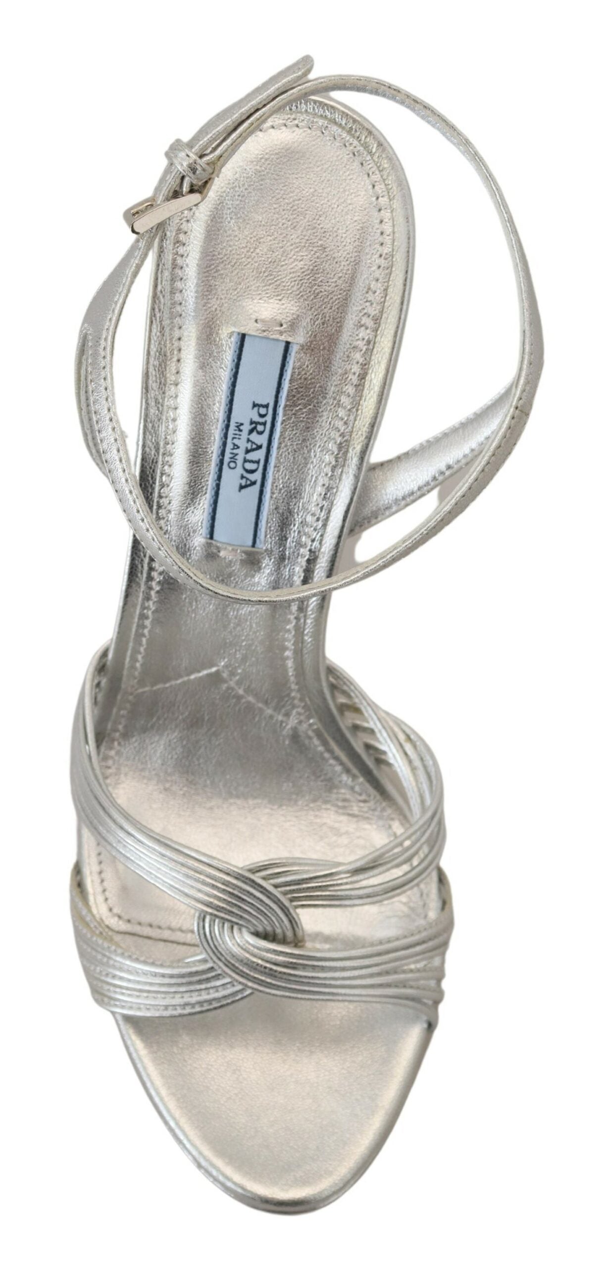 Silberne Ledersandalen mit Knöchelriemen und Stilettoabsatz