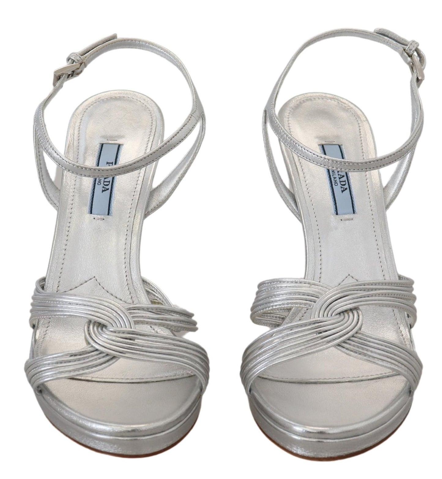 Silberne Ledersandalen mit Knöchelriemen und Stilettoabsatz