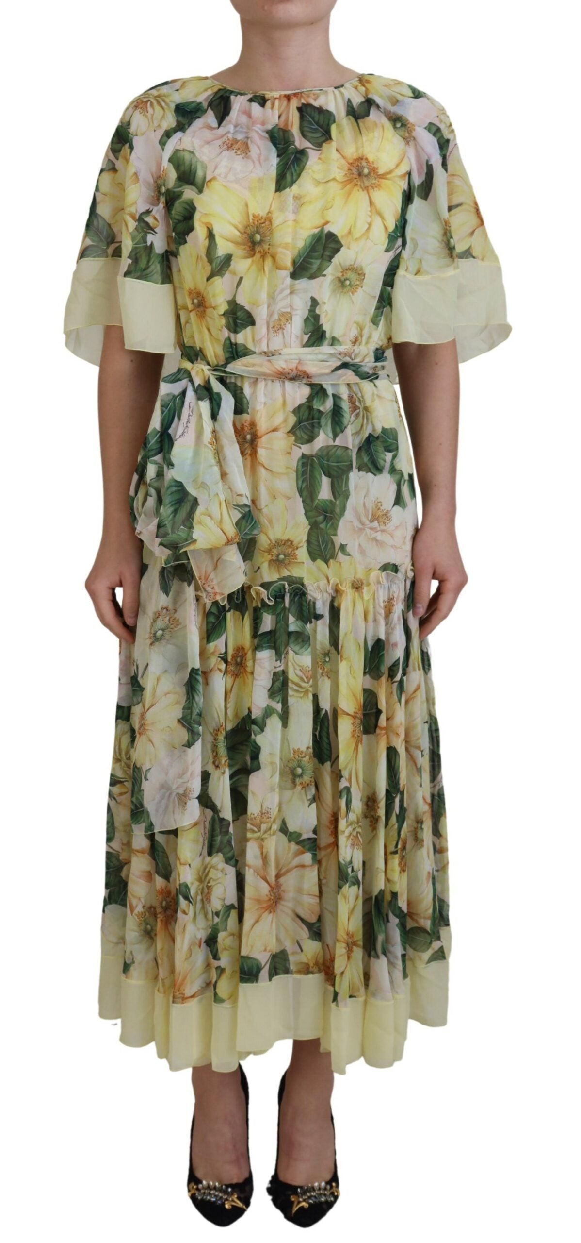 Mehrfarbiges langes Maxikleid aus Seide mit Blumendruck
