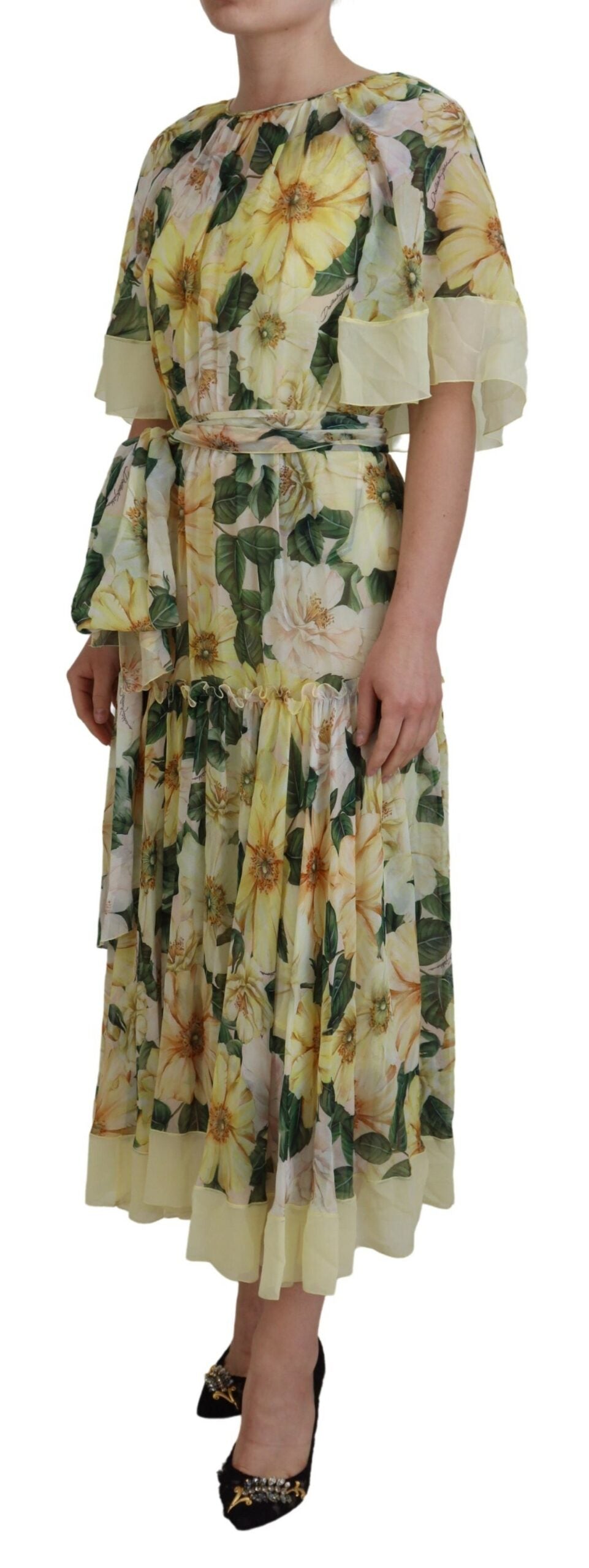 Mehrfarbiges langes Maxikleid aus Seide mit Blumendruck
