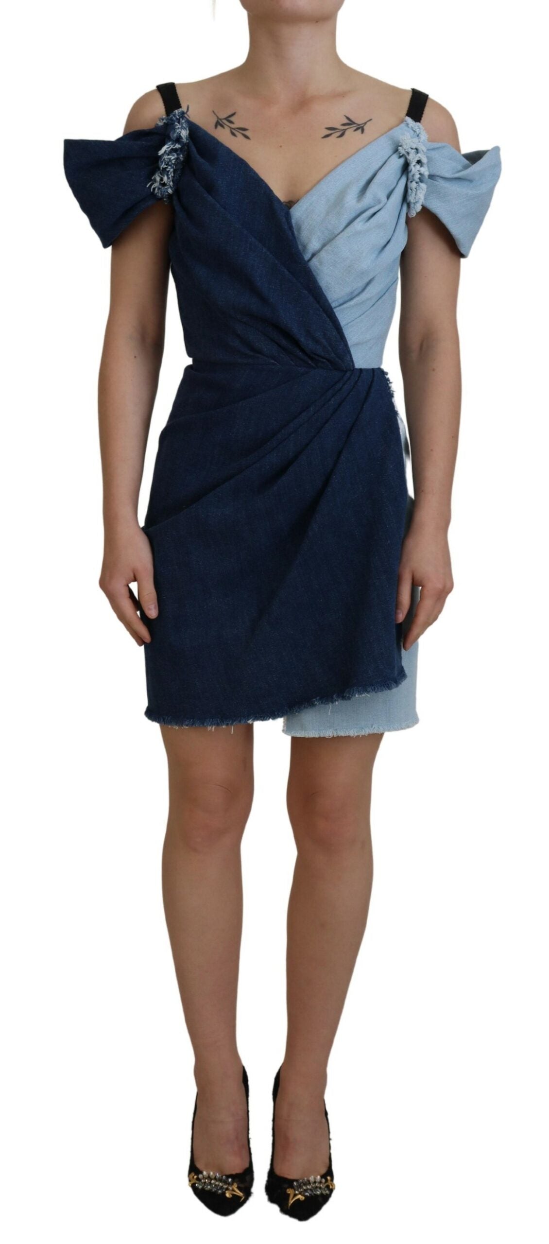 Zweifarbiges blaues Patchwork-Minikleid aus Denim