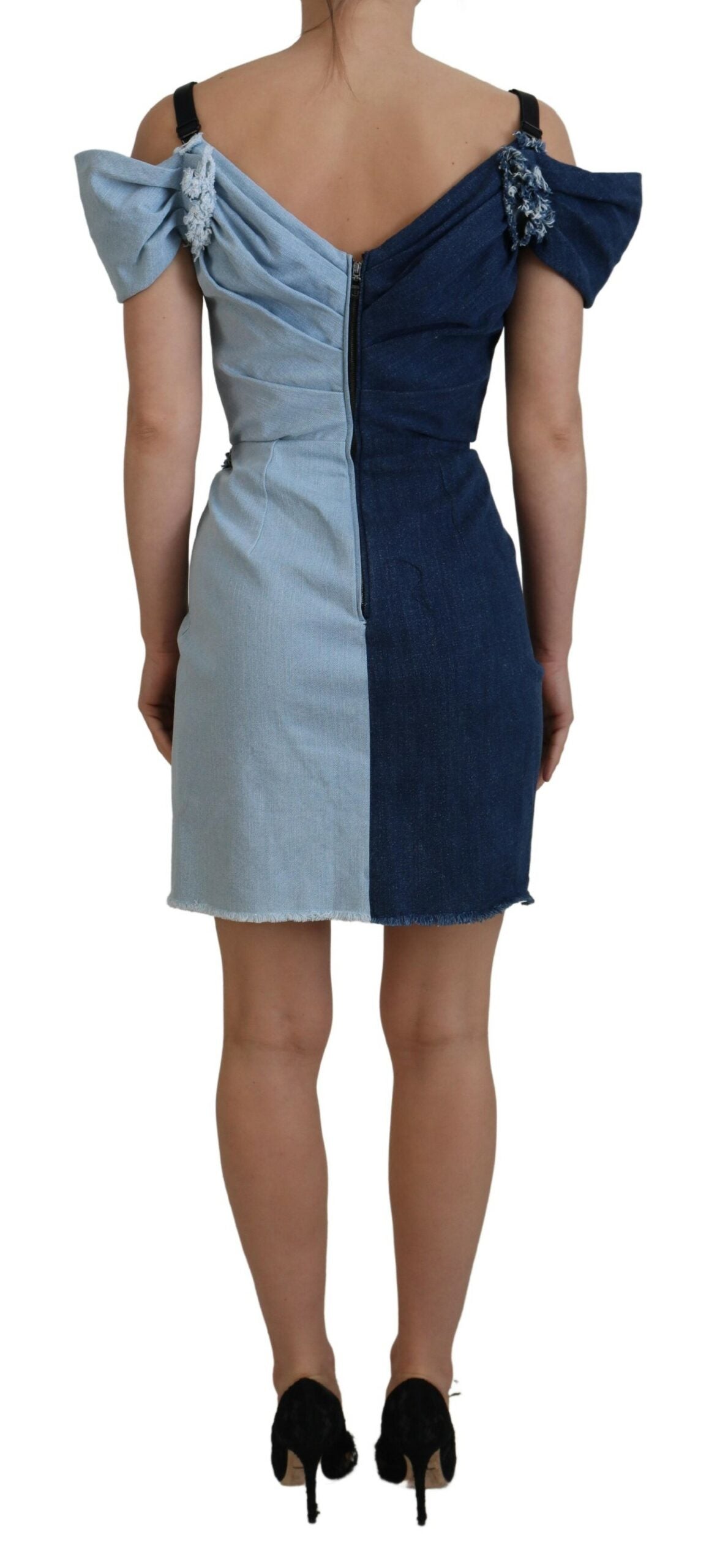 Zweifarbiges blaues Patchwork-Minikleid aus Denim