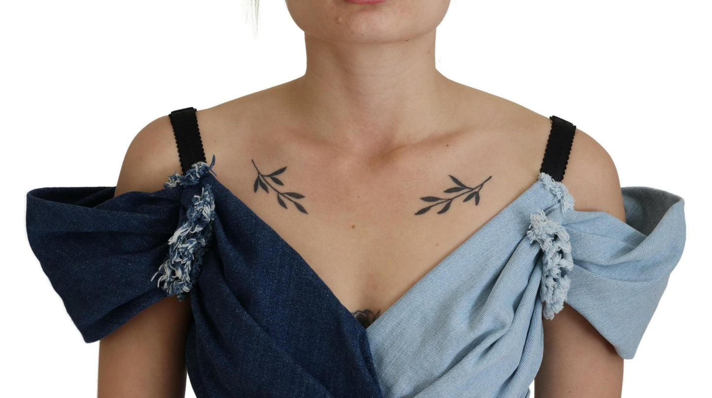 Zweifarbiges blaues Patchwork-Minikleid aus Denim