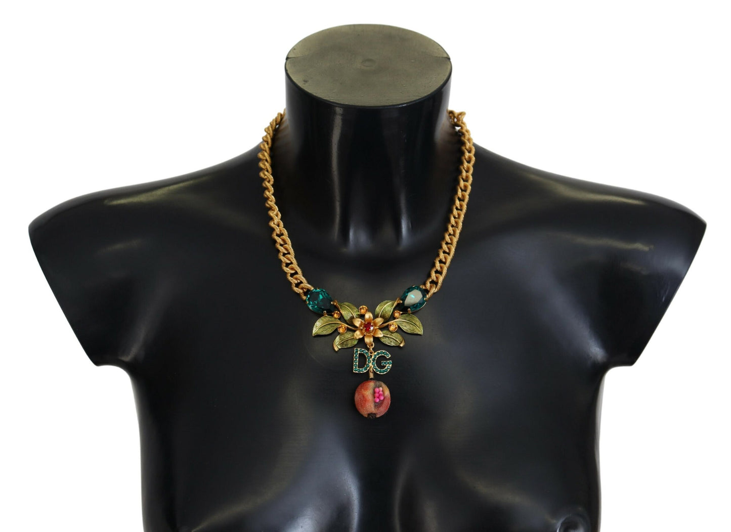 Statement-Halskette aus Messing mit Kristall-Logo und Obst- und Blumenmotiv in Gold