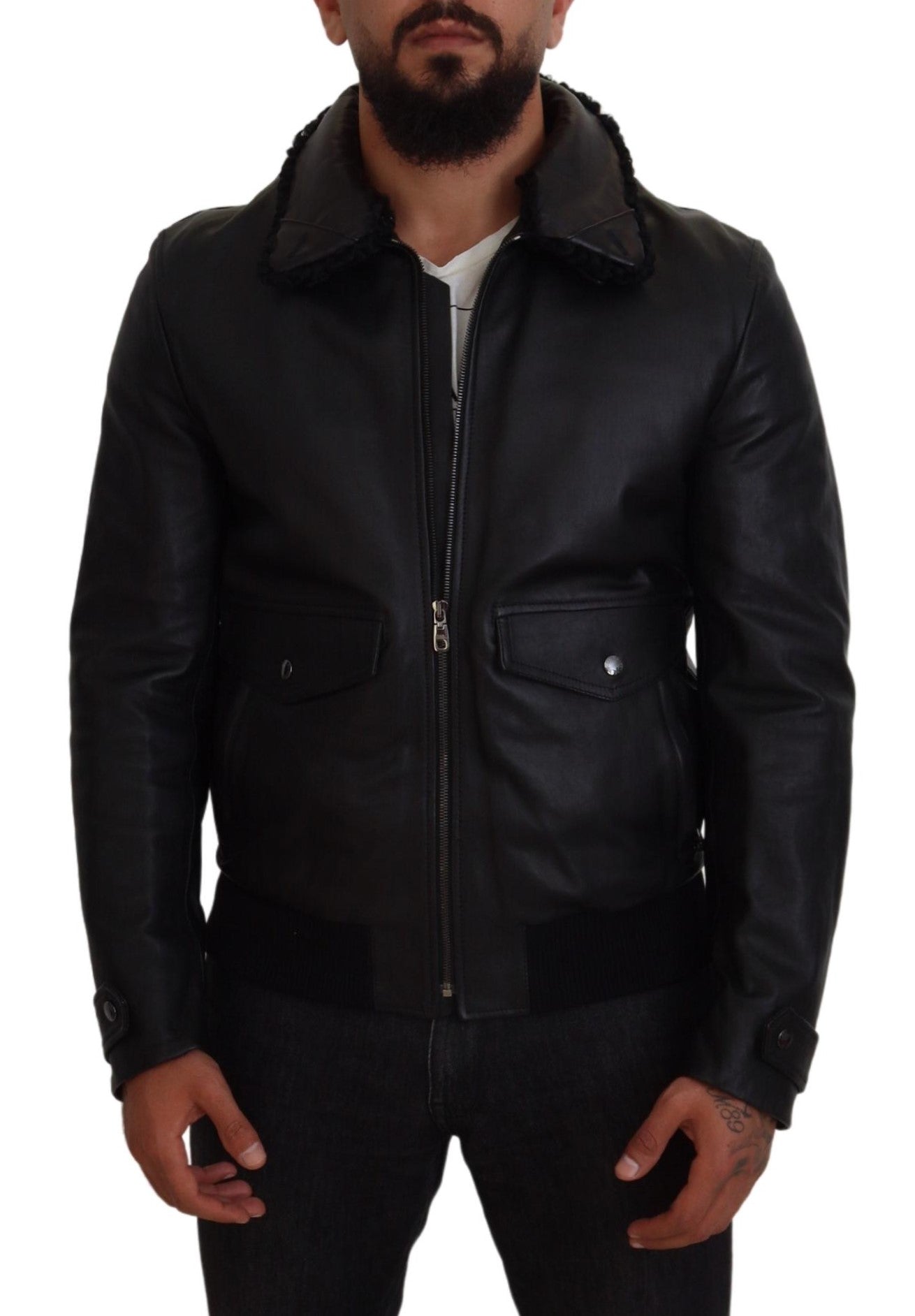 Schwarze Herrenmanteljacke aus Lammleder mit Kragen