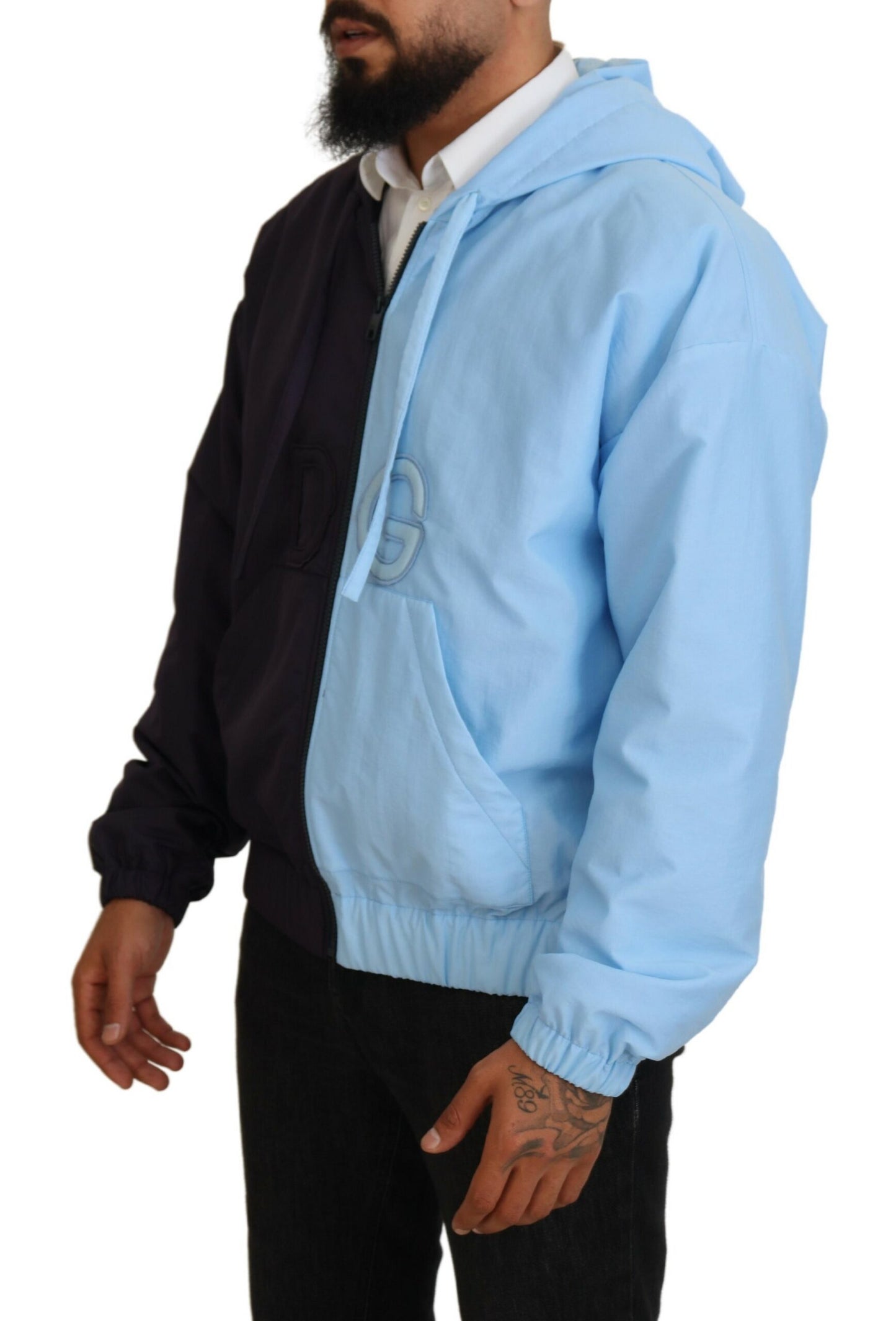 Schwarz-Blaue DG-Herrenjacke mit durchgehendem Reißverschluss und Kapuze