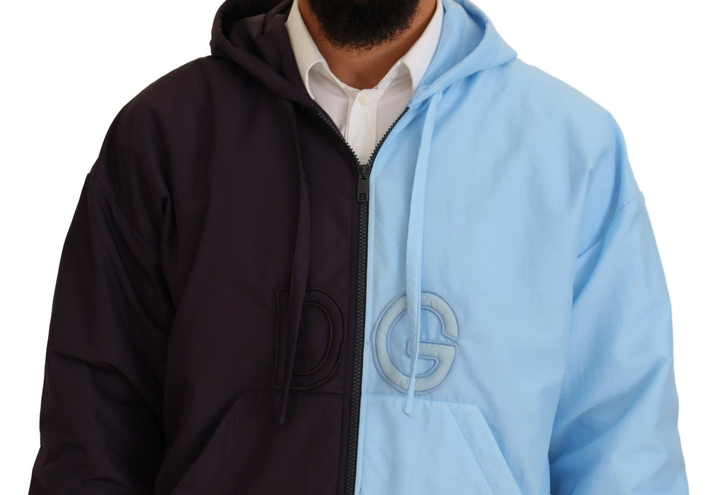 Schwarz-Blaue DG-Herrenjacke mit durchgehendem Reißverschluss und Kapuze