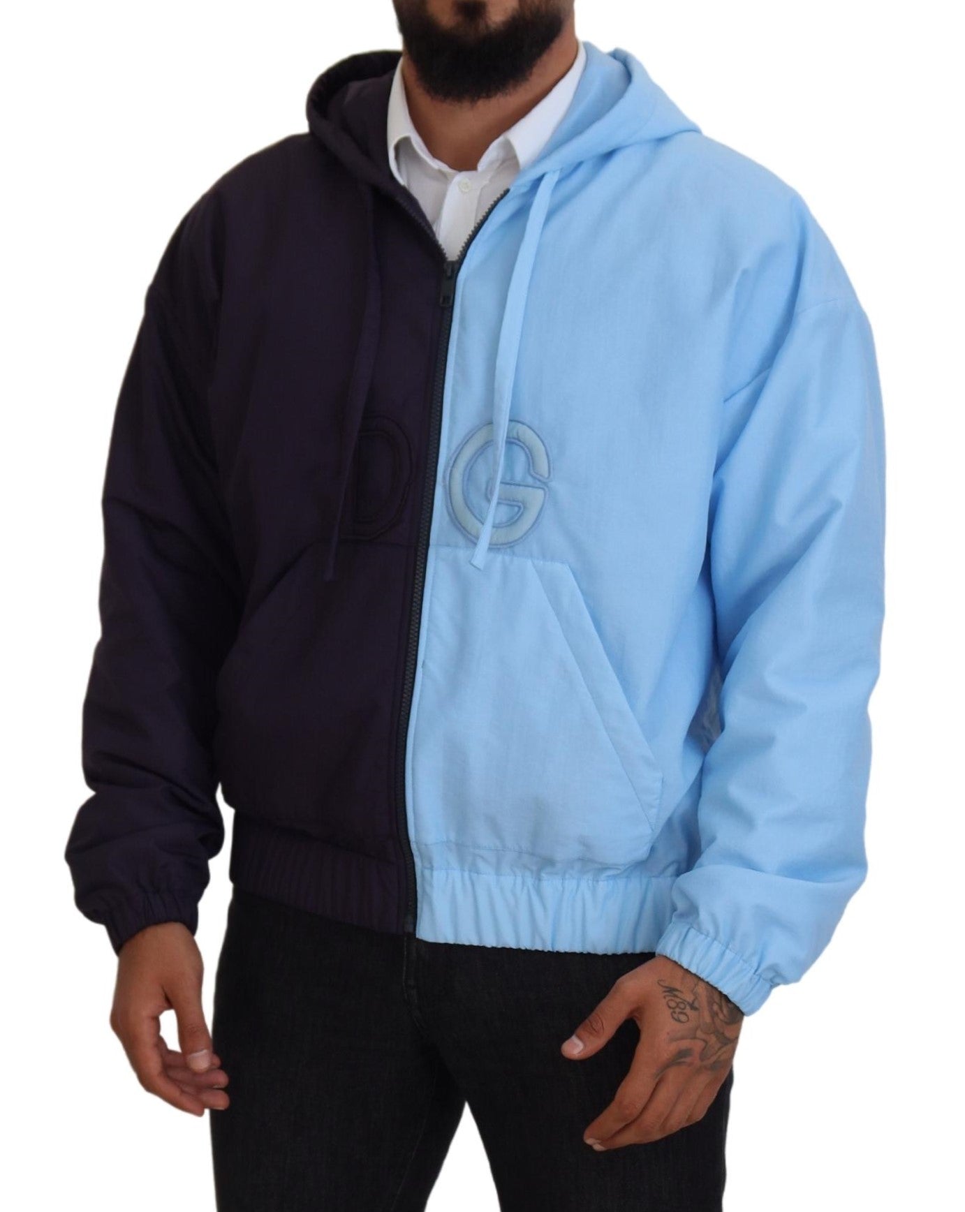 Schwarz-Blaue DG-Herrenjacke mit durchgehendem Reißverschluss und Kapuze