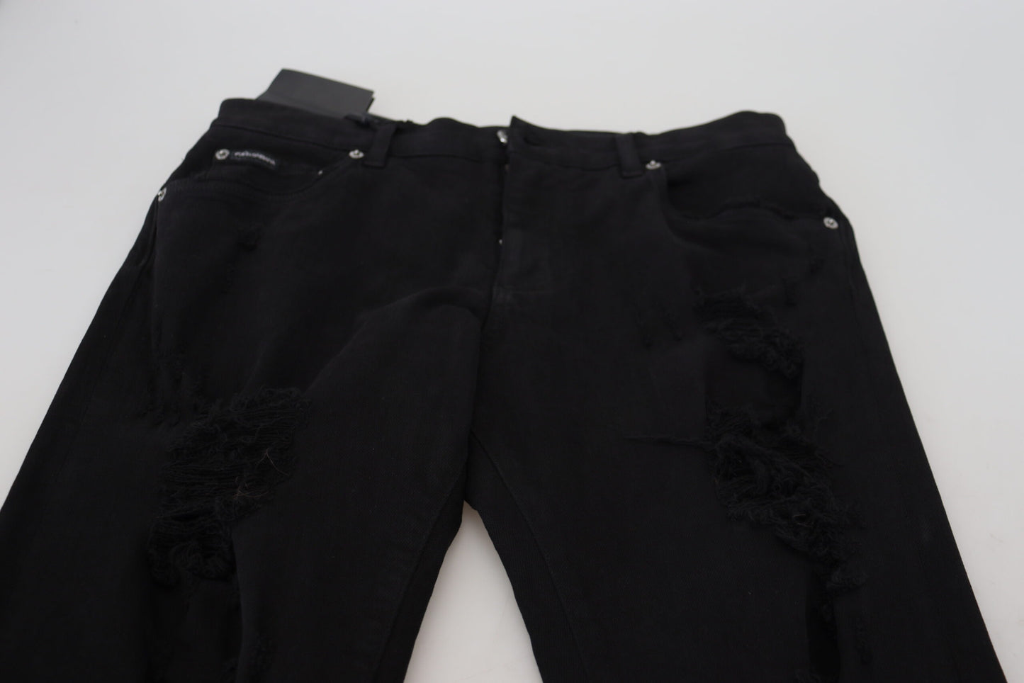 Schwarze Slim Fit Jeans aus zerfetztem Baumwolldenim