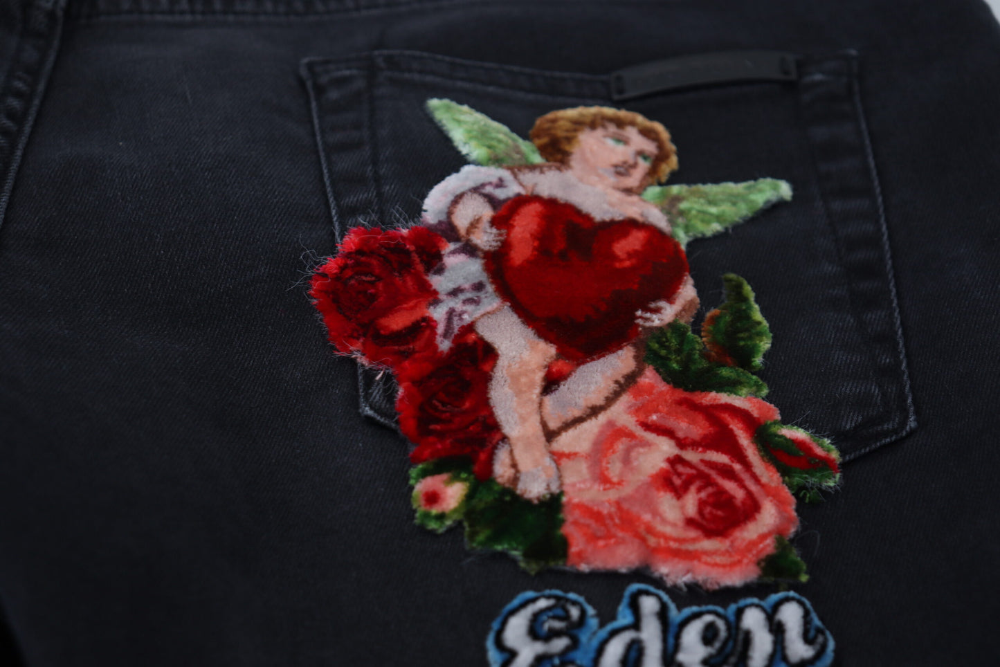 Schwarze Skinny-Jeans mit Engel-Stickerei