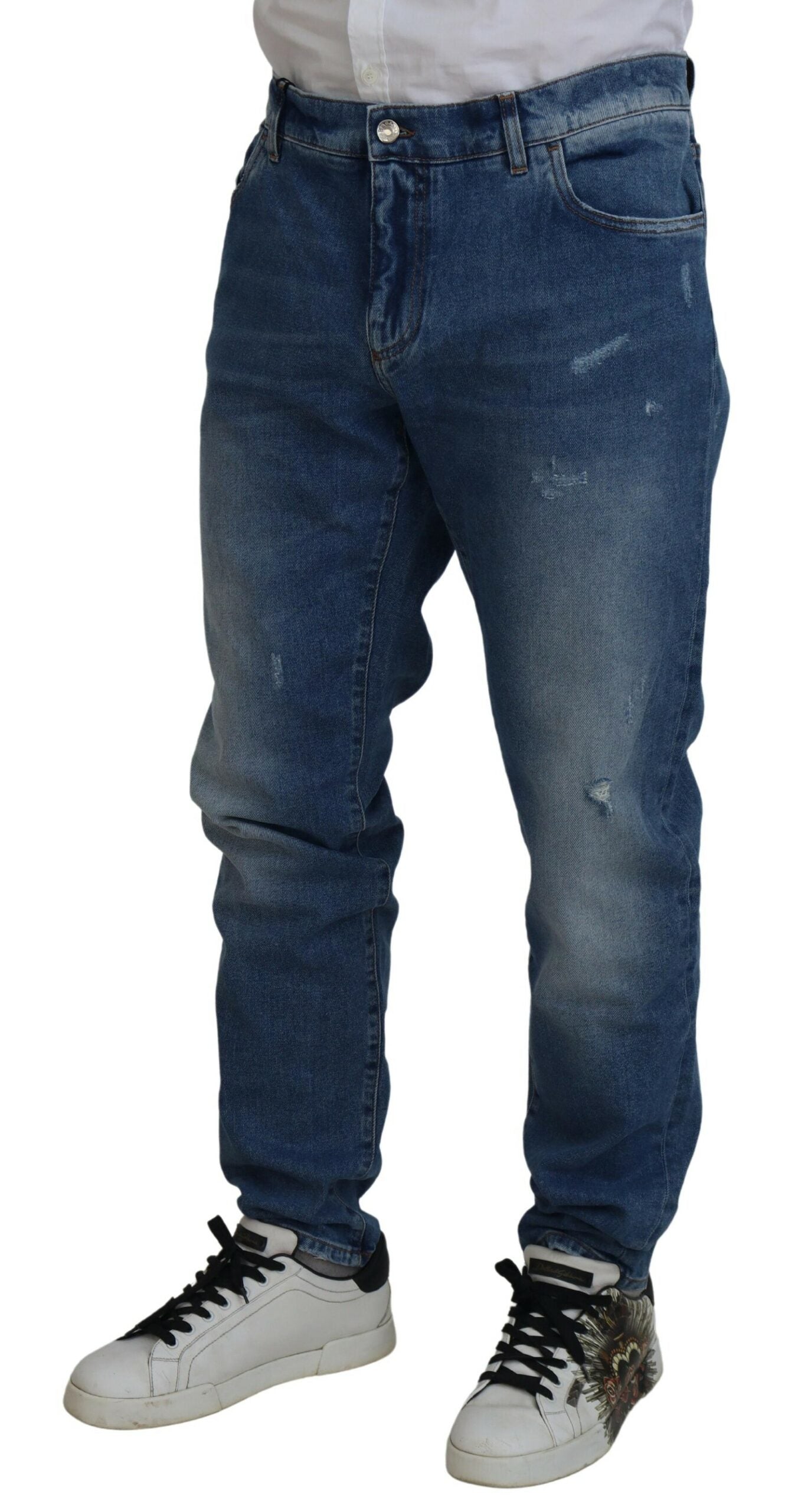 Blau verwaschene Skinny-Jeans aus Baumwolldenim