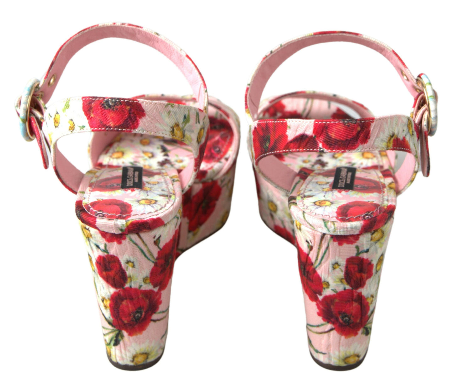 Mehrfarbige Sandalen mit Keilabsatz und floralem Knöchelriemen