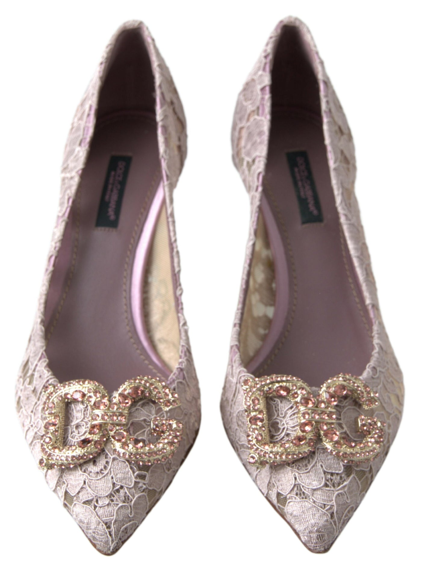 Rosa Pumps mit Blumenspitze und Kristallen in DG-Optik