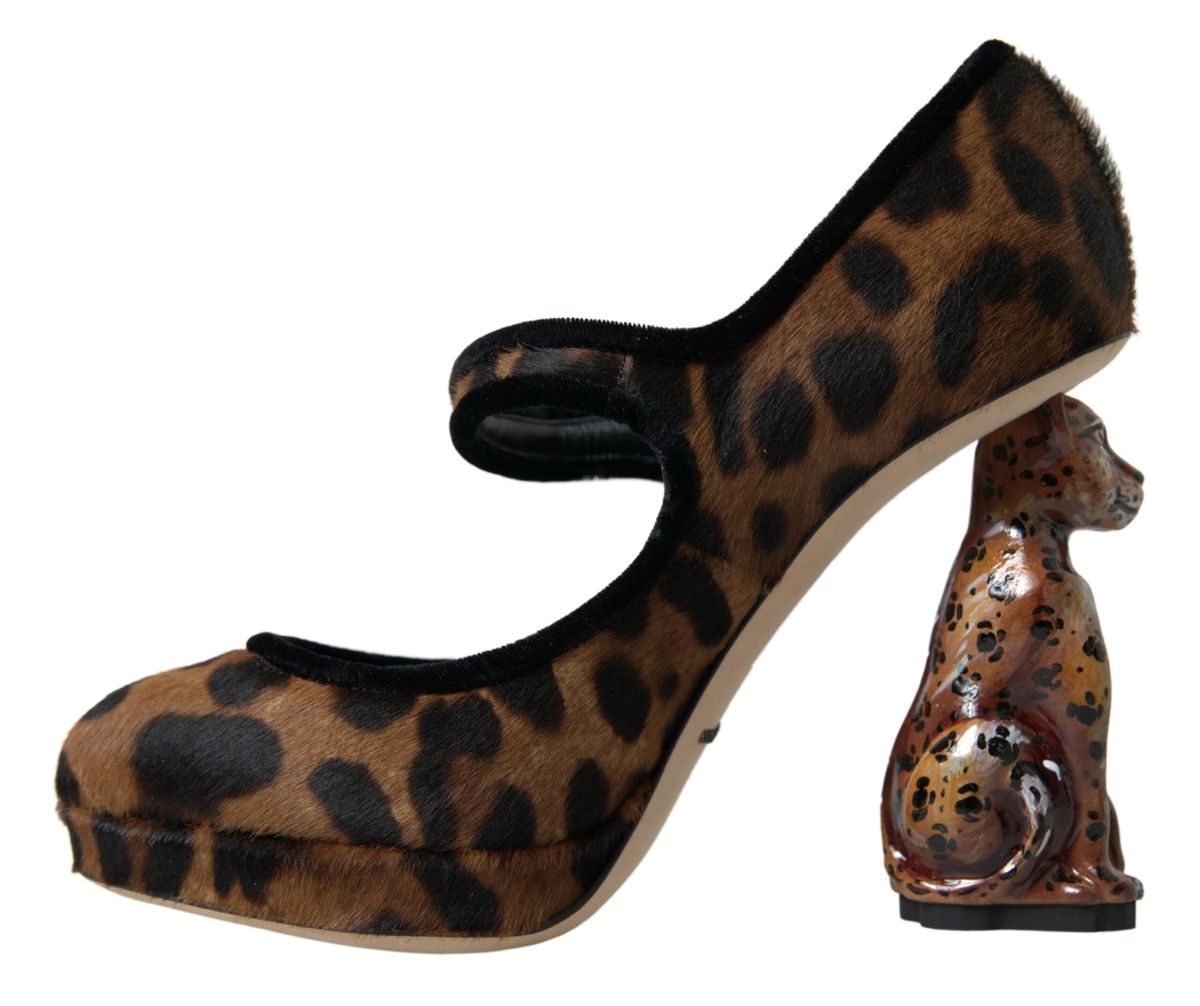 Schwarzbraune Mary Jane Pumps mit Leopardenmuster und Kalbslederabsatz