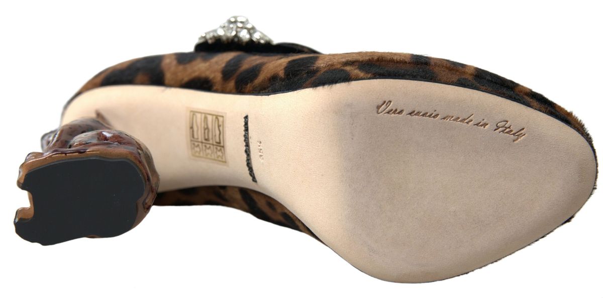 Schwarzbraune Mary Jane Pumps mit Leopardenmuster und Kalbslederabsatz