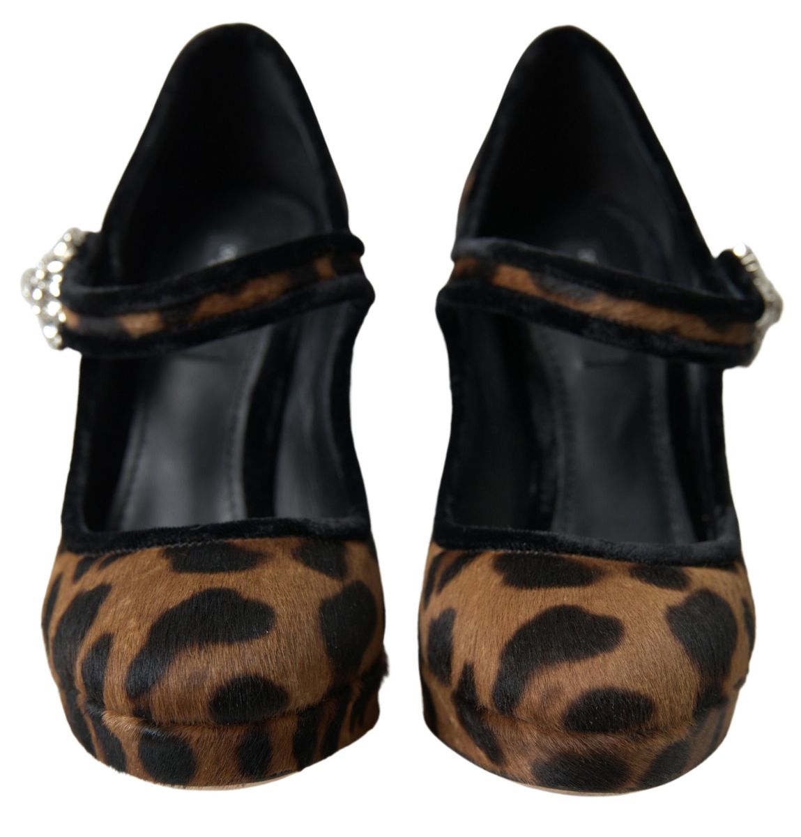 Schwarzbraune Mary Jane Pumps mit Leopardenmuster und Kalbslederabsatz