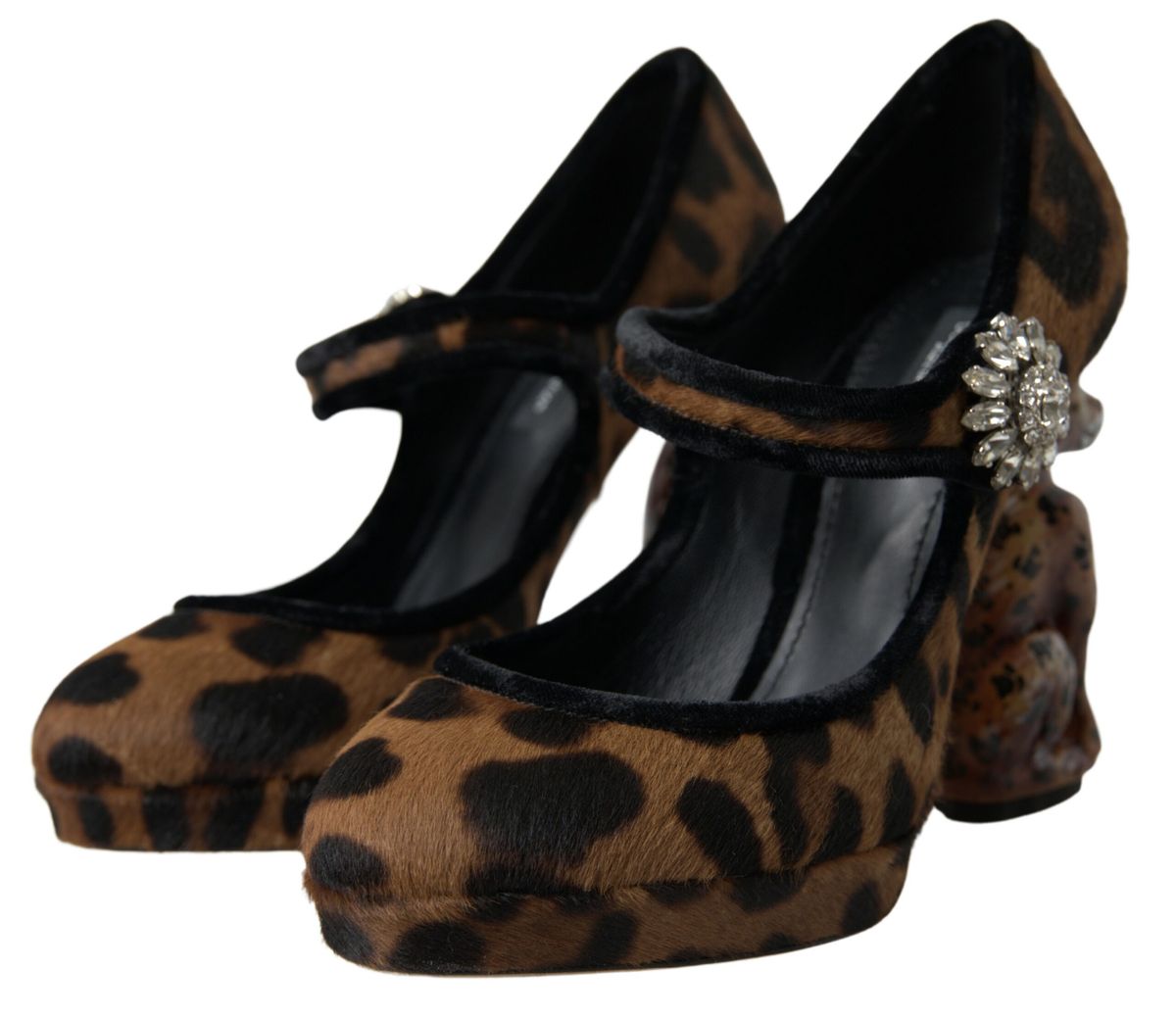 Schwarzbraune Mary Jane Pumps mit Leopardenmuster und Kalbslederabsatz