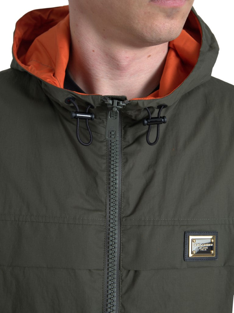 Grün-orangefarbene Baumwolljacke mit durchgehendem Reißverschluss und Kapuze