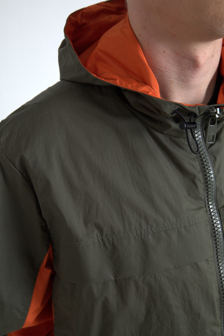 Grün-orangefarbene Baumwolljacke mit durchgehendem Reißverschluss und Kapuze