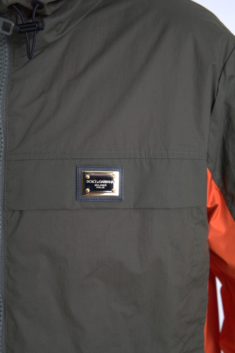 Grün-orangefarbene Baumwolljacke mit durchgehendem Reißverschluss und Kapuze