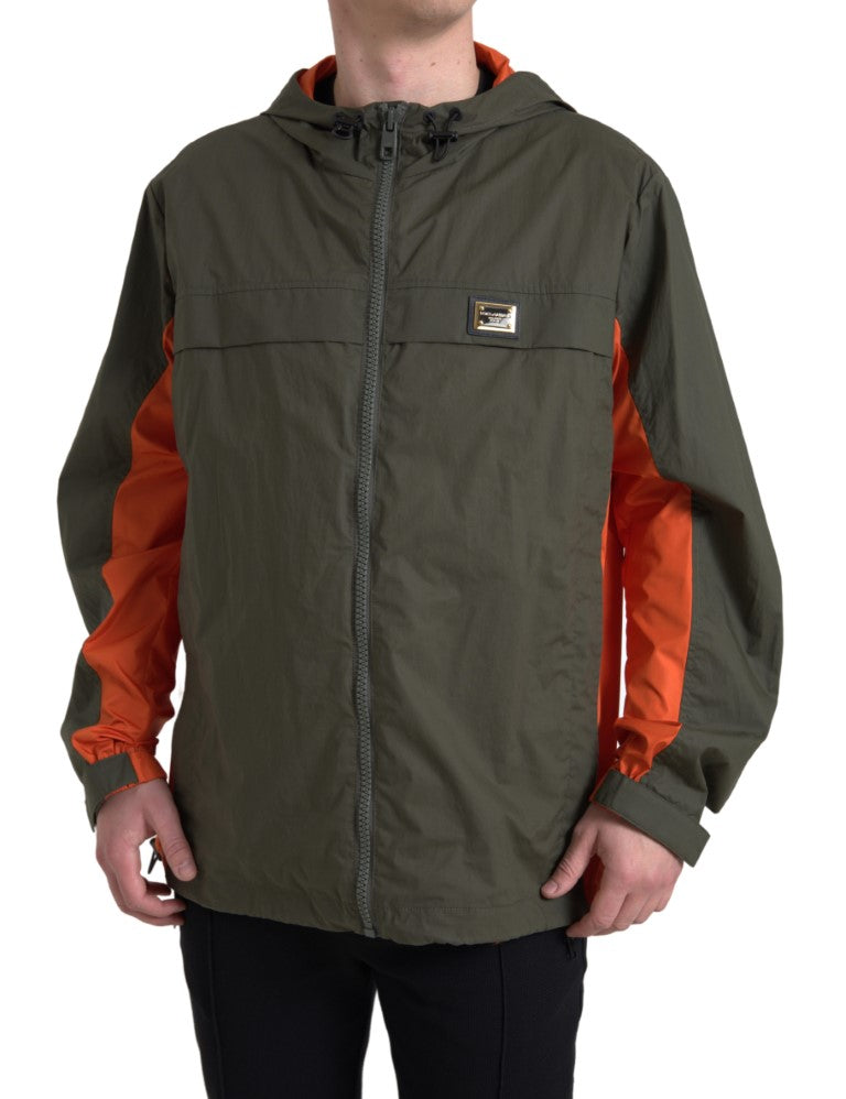 Grün-orangefarbene Baumwolljacke mit durchgehendem Reißverschluss und Kapuze