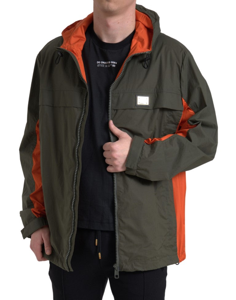 Grün-orangefarbene Baumwolljacke mit durchgehendem Reißverschluss und Kapuze