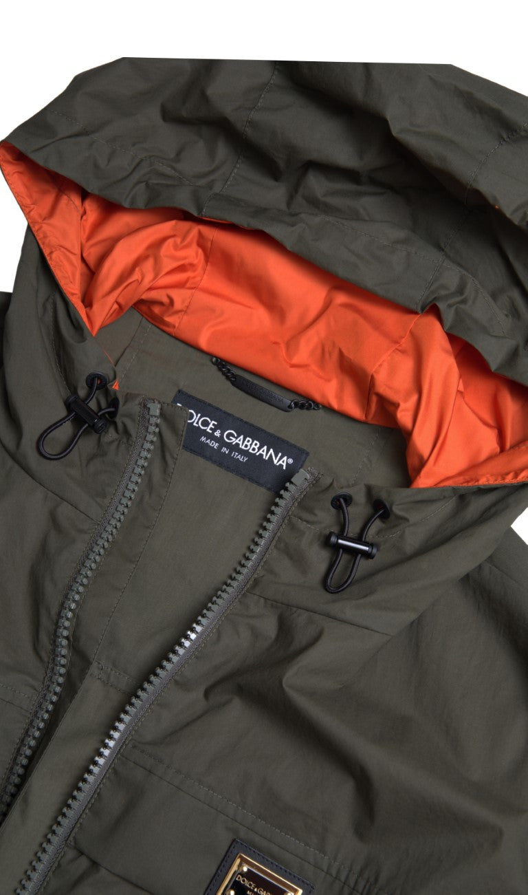 Grün-orangefarbene Baumwolljacke mit durchgehendem Reißverschluss und Kapuze