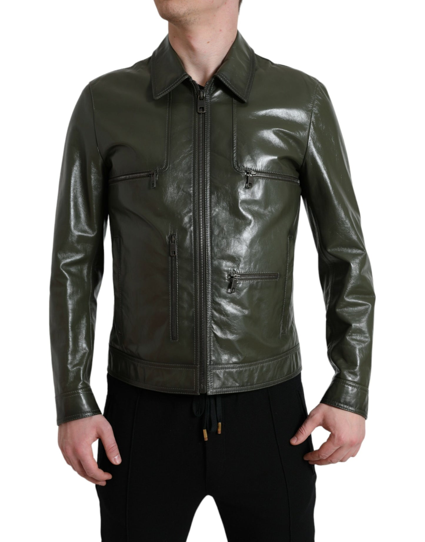 Grüne Bikerjacke aus Leder mit Kragen und durchgehendem Reißverschluss
