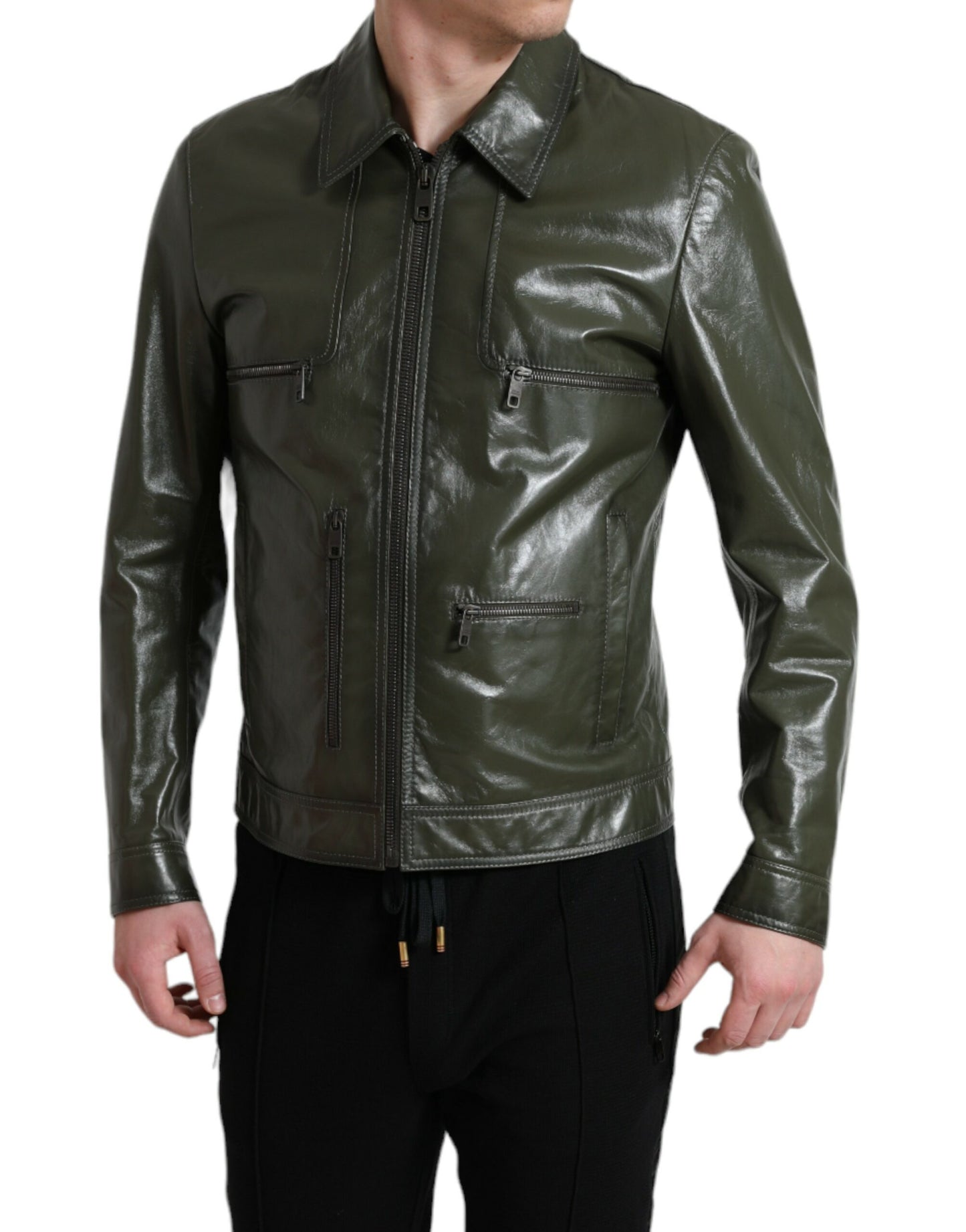 Grüne Bikerjacke aus Leder mit Kragen und durchgehendem Reißverschluss