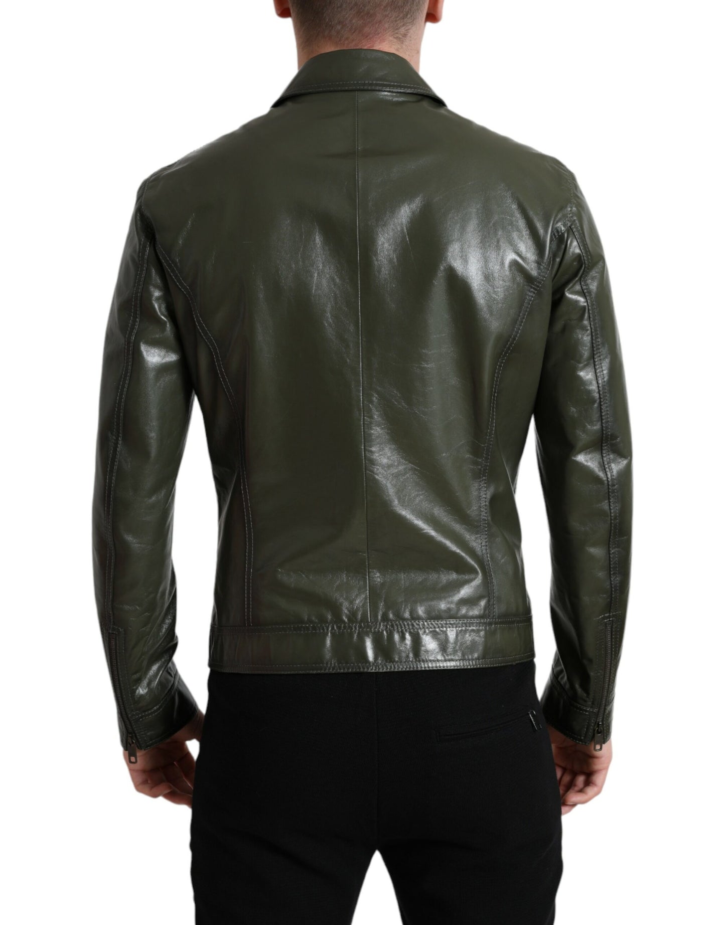 Grüne Bikerjacke aus Leder mit Kragen und durchgehendem Reißverschluss