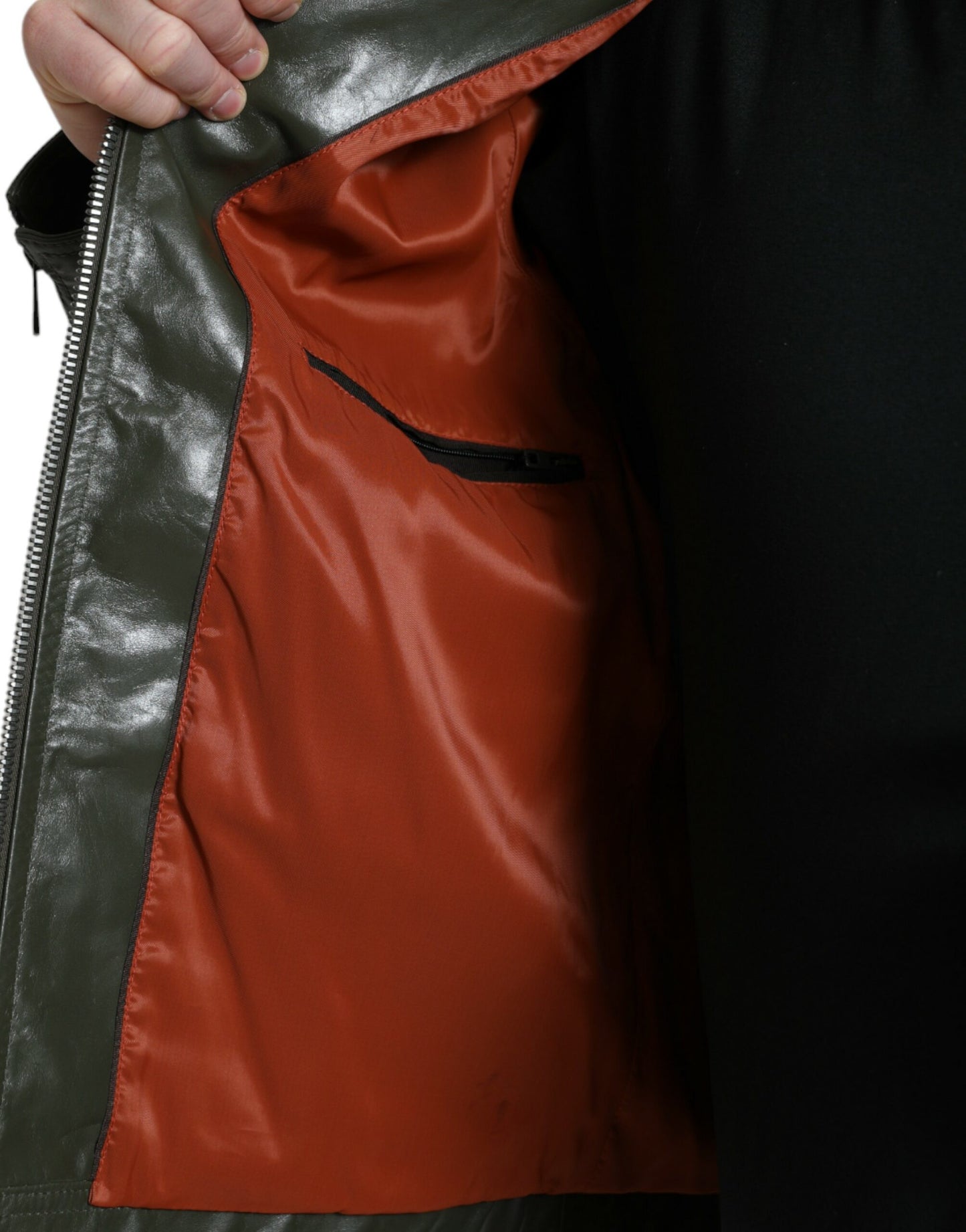 Grüne Bikerjacke aus Leder mit Kragen und durchgehendem Reißverschluss