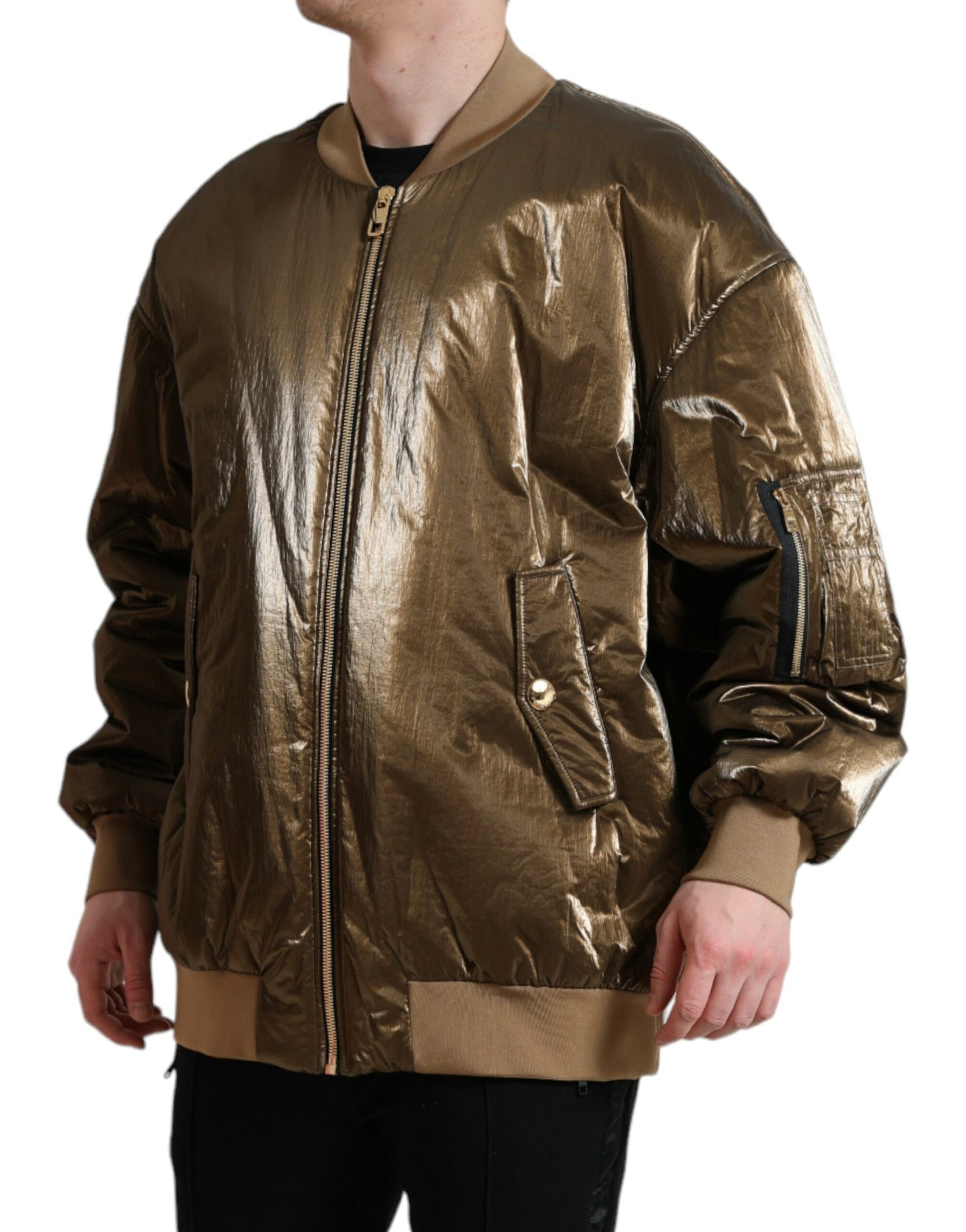 Bronzefarbene Nylon-Bomberjacke mit durchgehendem Reißverschluss für Herren