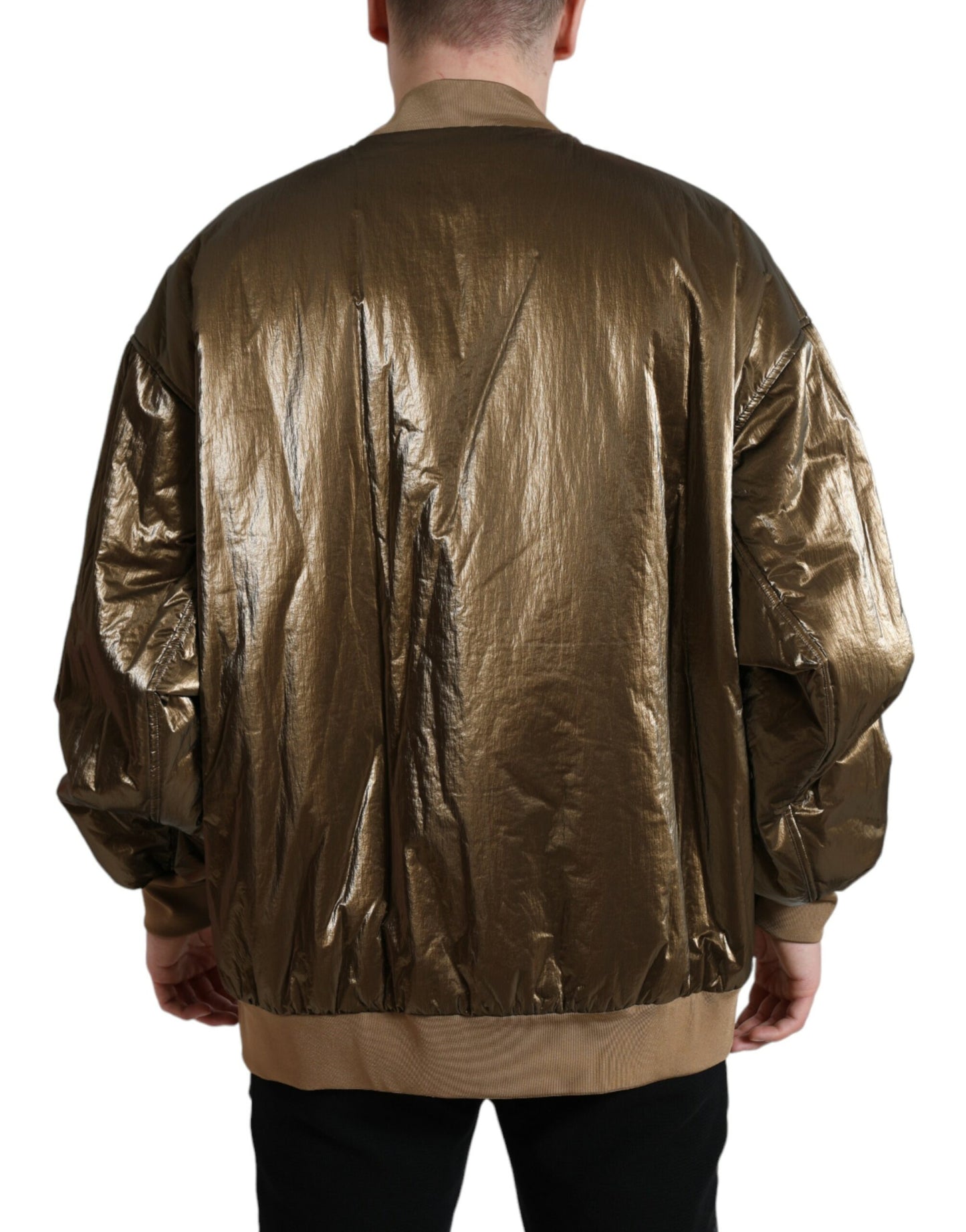 Bronzefarbene Nylon-Bomberjacke mit durchgehendem Reißverschluss für Herren