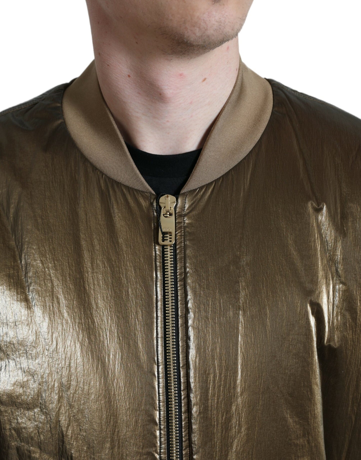 Bronzefarbene Nylon-Bomberjacke mit durchgehendem Reißverschluss für Herren