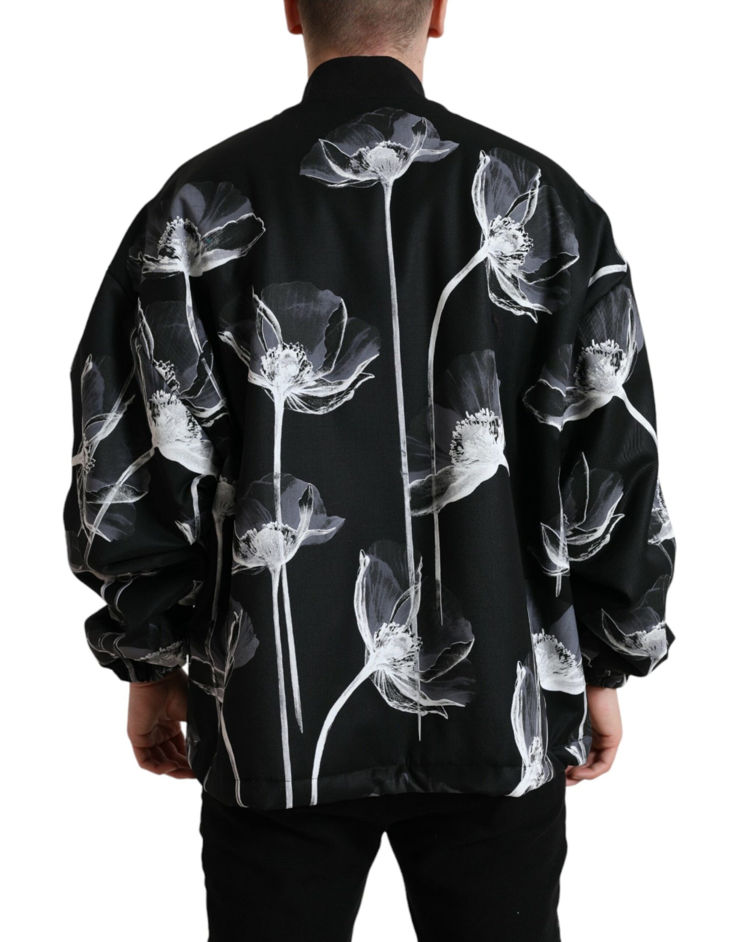 Schwarze Woll-Bomberjacke mit Knopfleiste und Blumenmuster
