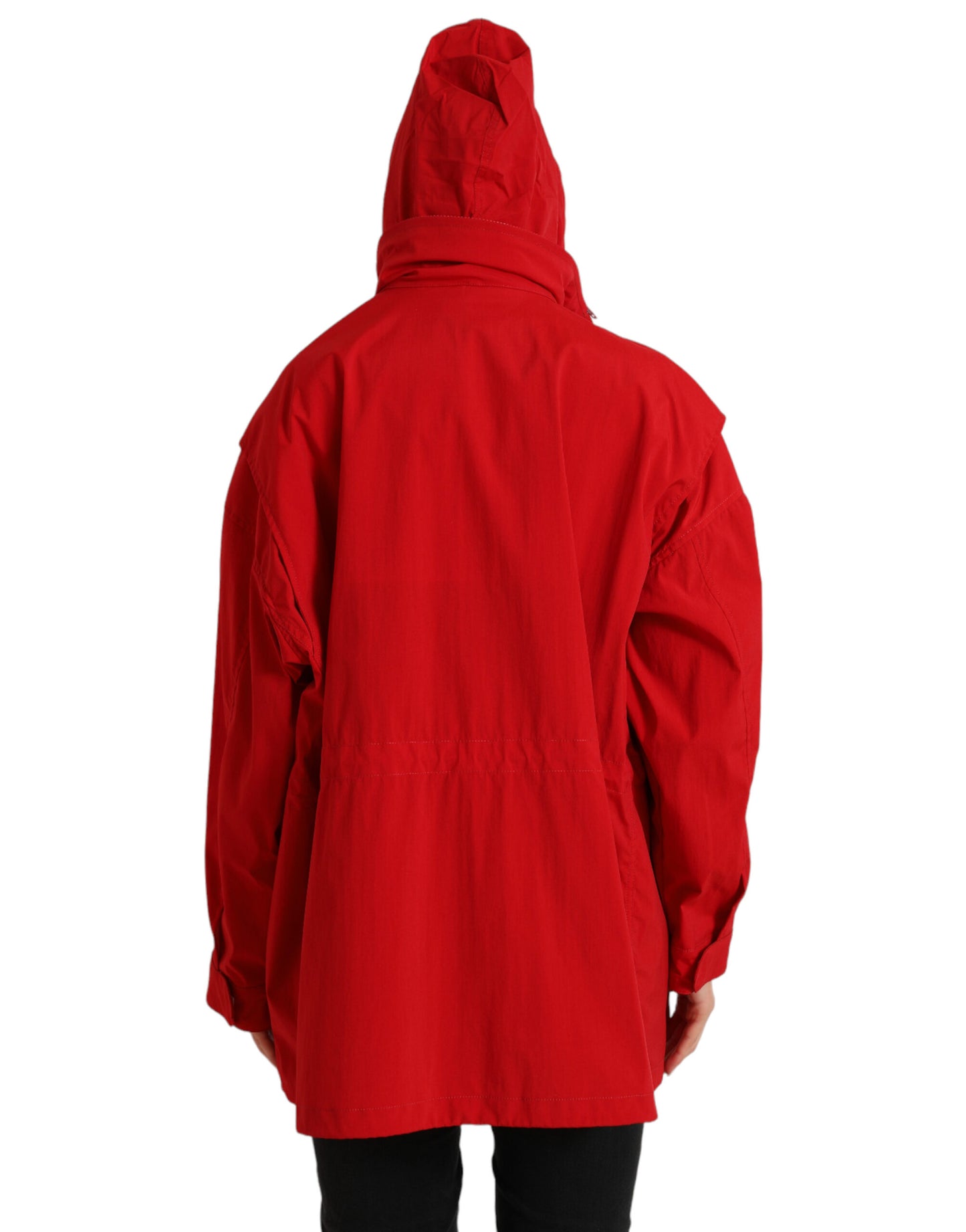Rote Regenjacke aus Polyester mit Kapuze und Knopf