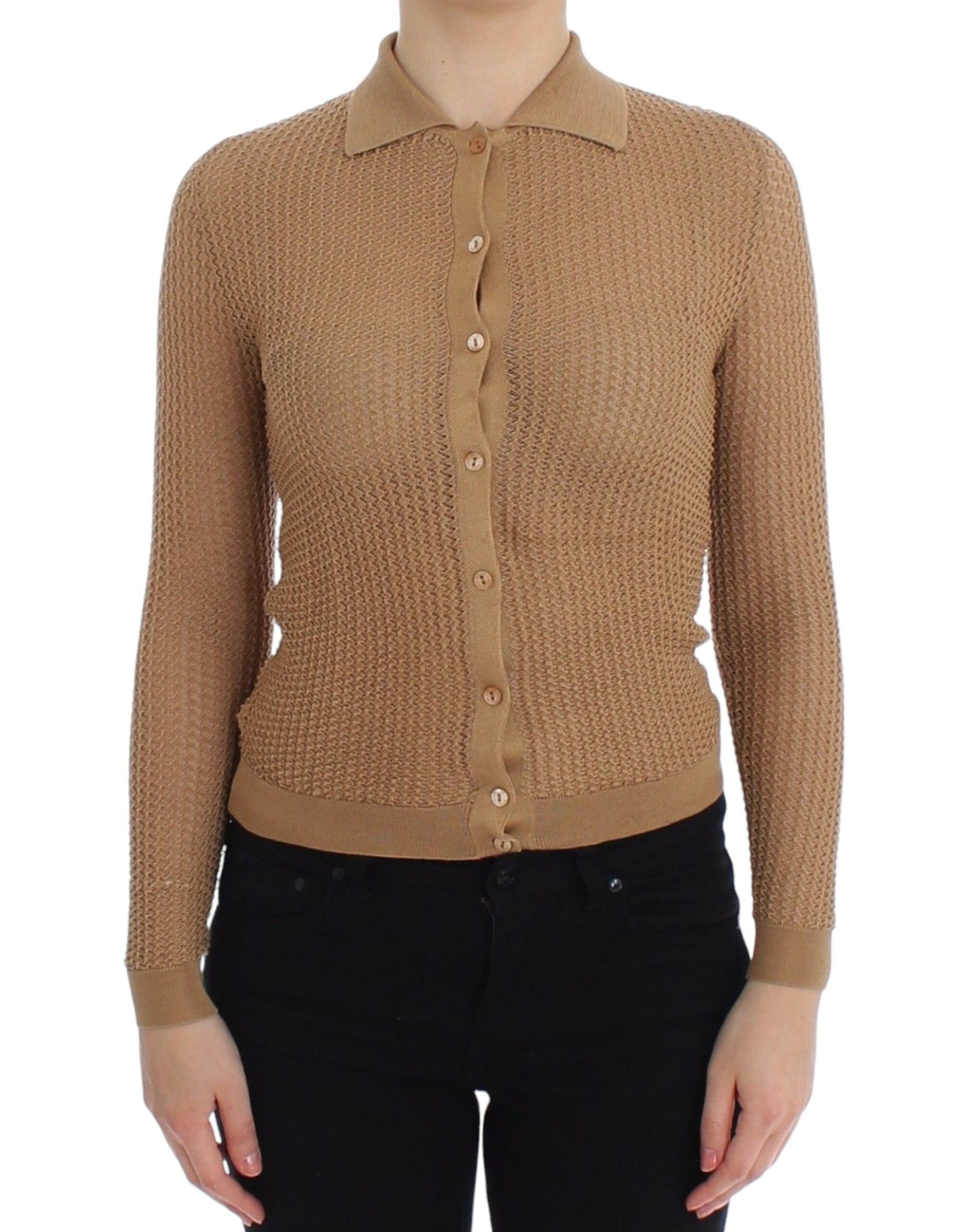 Beigefarbener Polo-Cardigan aus gestrickter Baumwolle