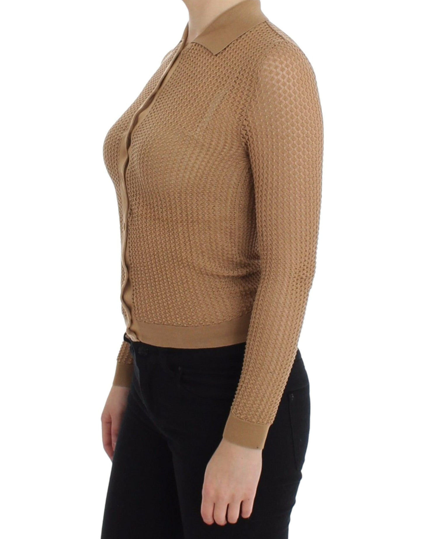 Beigefarbener Polo-Cardigan aus gestrickter Baumwolle