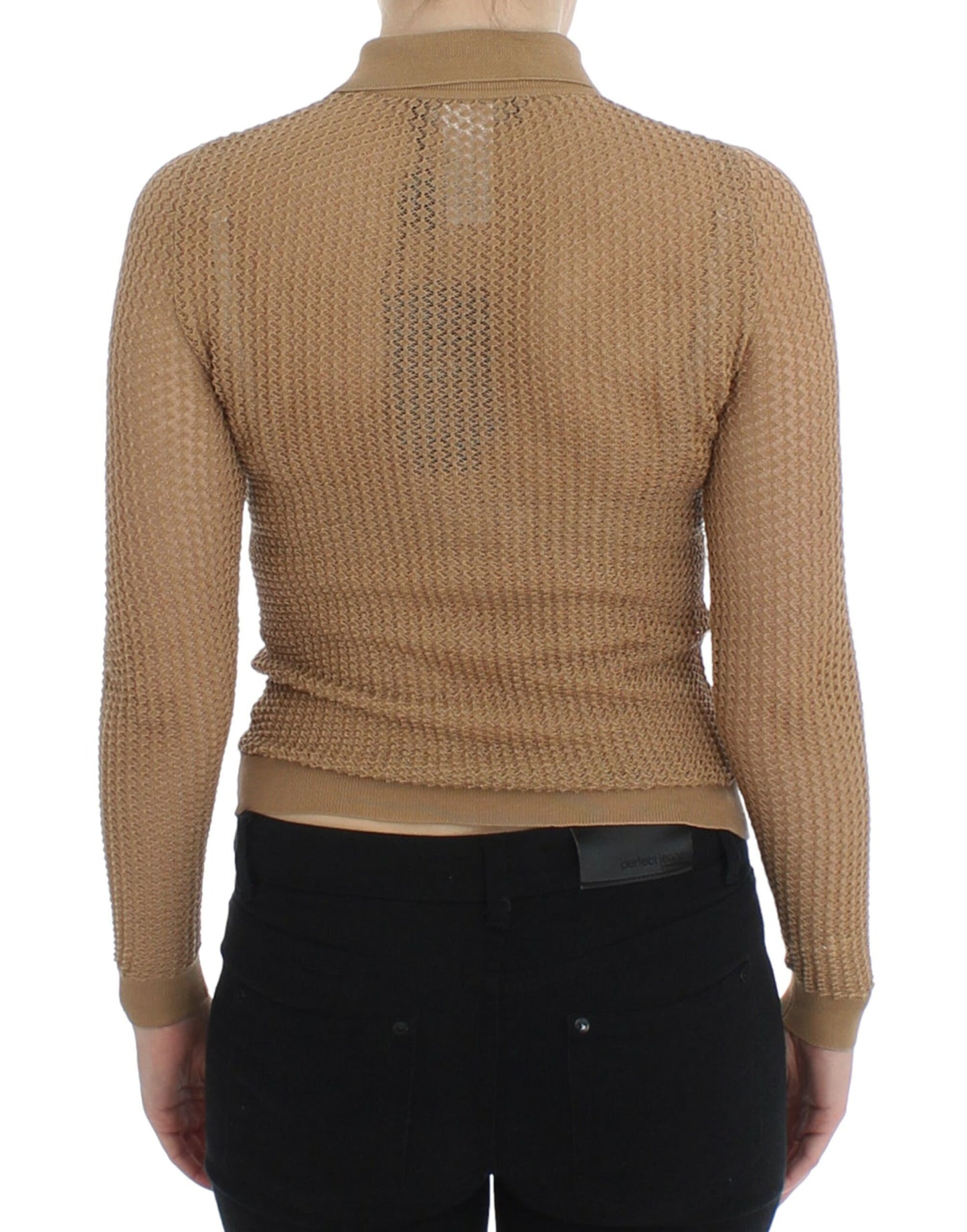 Beigefarbener Polo-Cardigan aus gestrickter Baumwolle