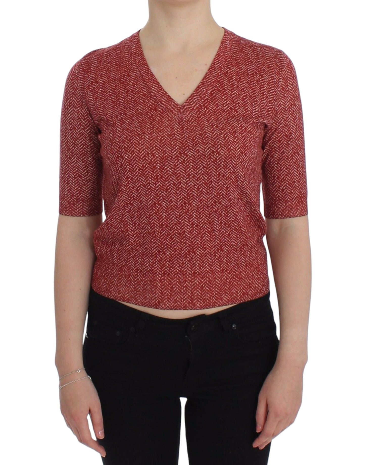 Roter Woll-Tweed-Kurzarmpullover