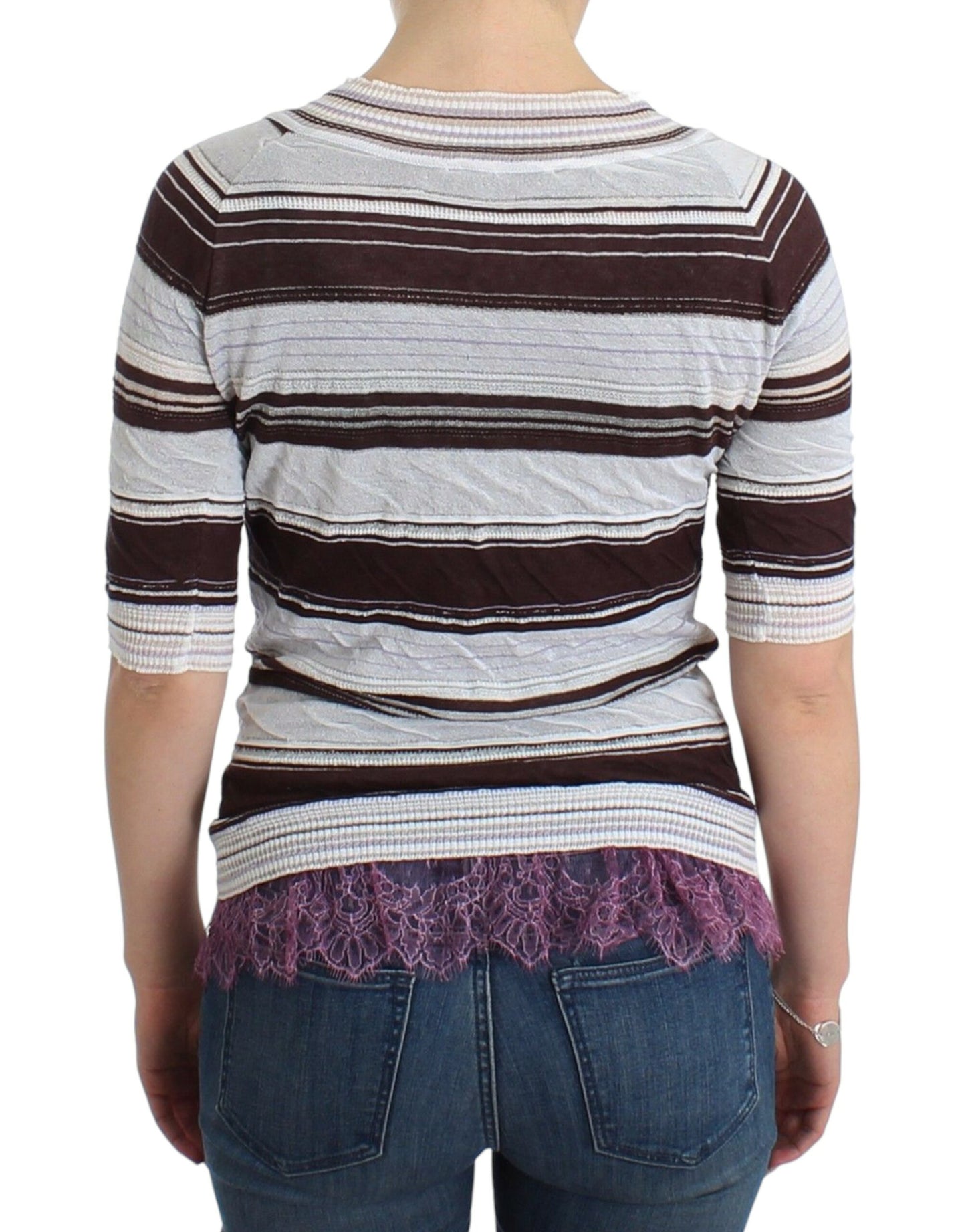 Gestreifter, kurzärmliger Pullover mit V-Ausschnitt und Spitze