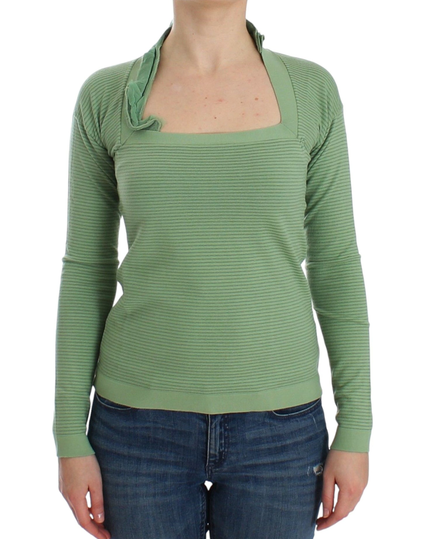 Grüner, gestreifter Langarmpullover aus Wollmischung
