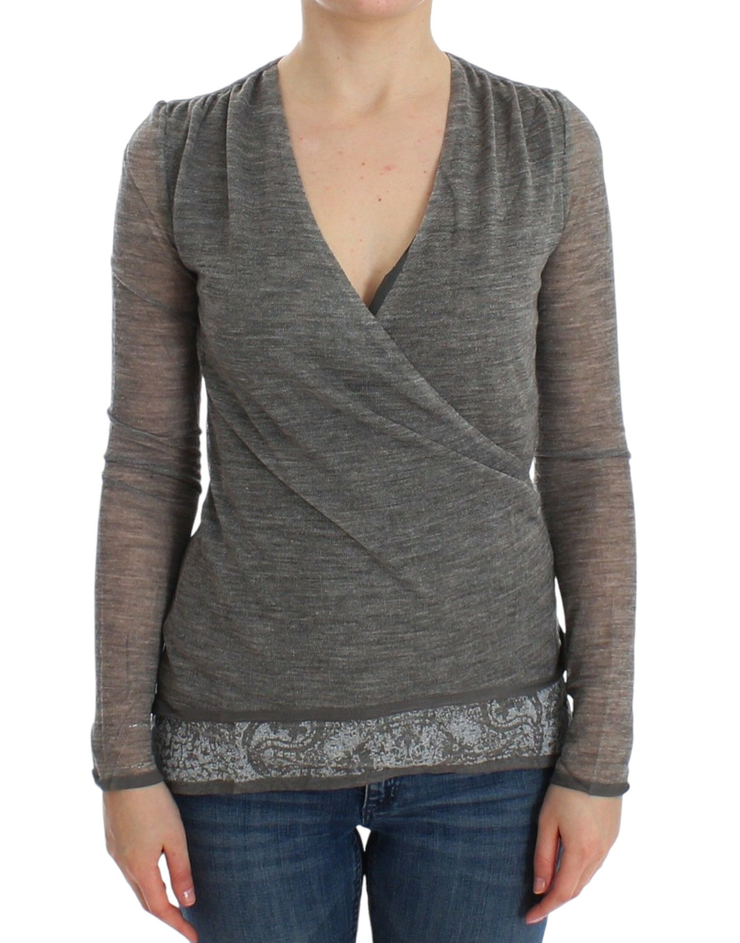 Grauer, langärmliger Stretchpullover aus Wollmischung