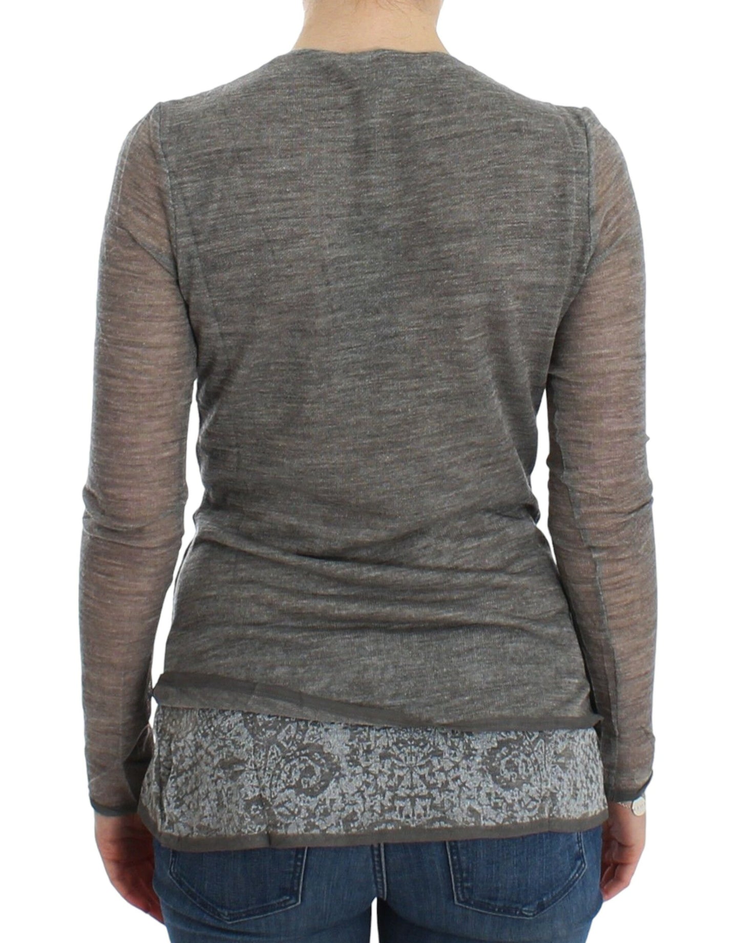 Grauer, langärmliger Stretchpullover aus Wollmischung