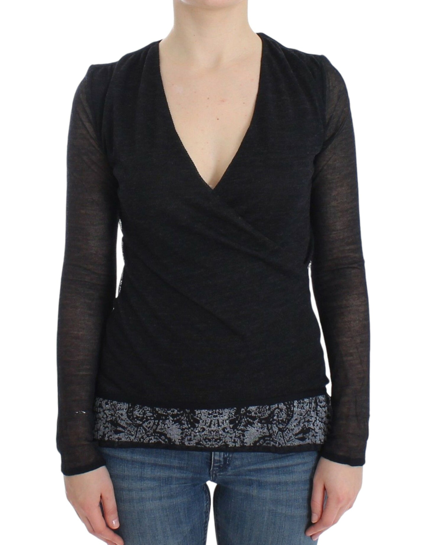 Schwarzer, langärmliger Stretchpullover aus Wollmischung