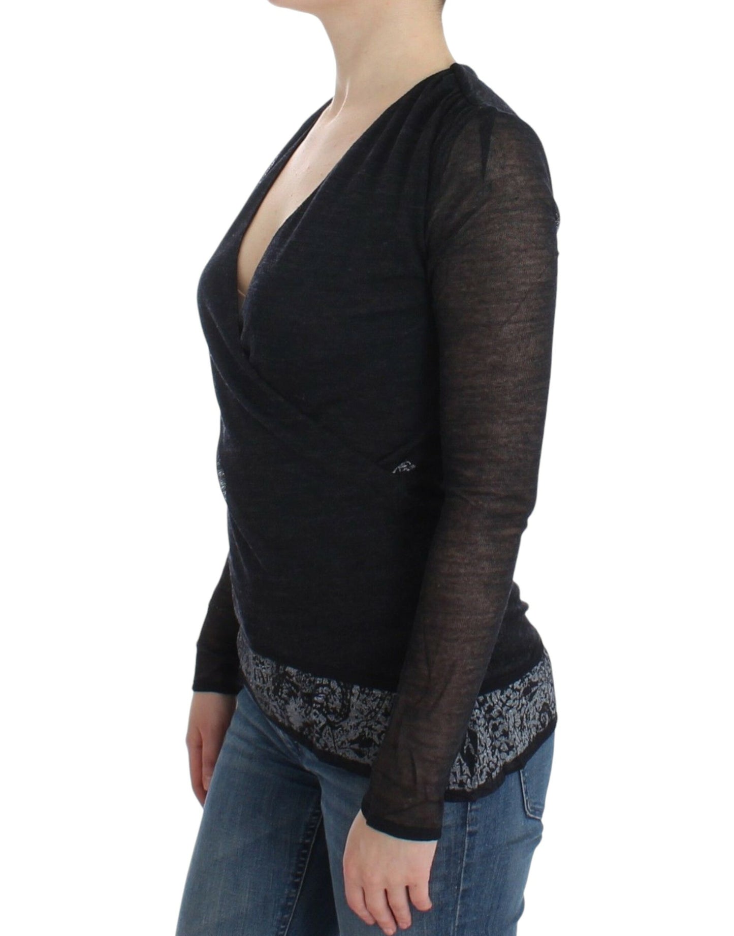 Schwarzer, langärmliger Stretchpullover aus Wollmischung