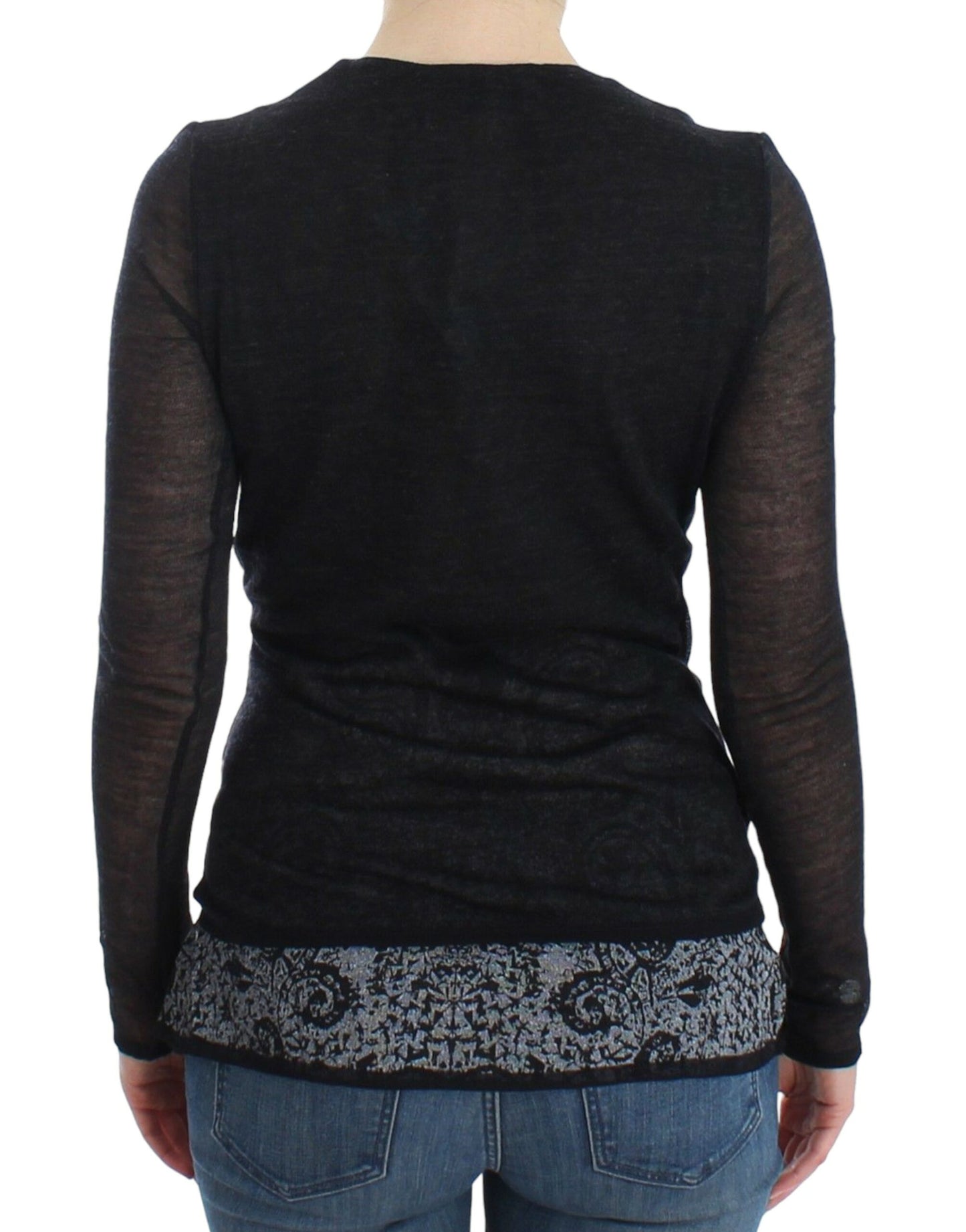 Schwarzer, langärmliger Stretchpullover aus Wollmischung